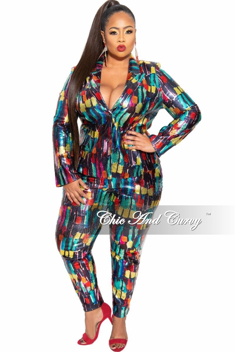 Printed Hoodie Final Sale Plus Size 2-Piece Pants Suit in Multi-Color Metallic Fabric