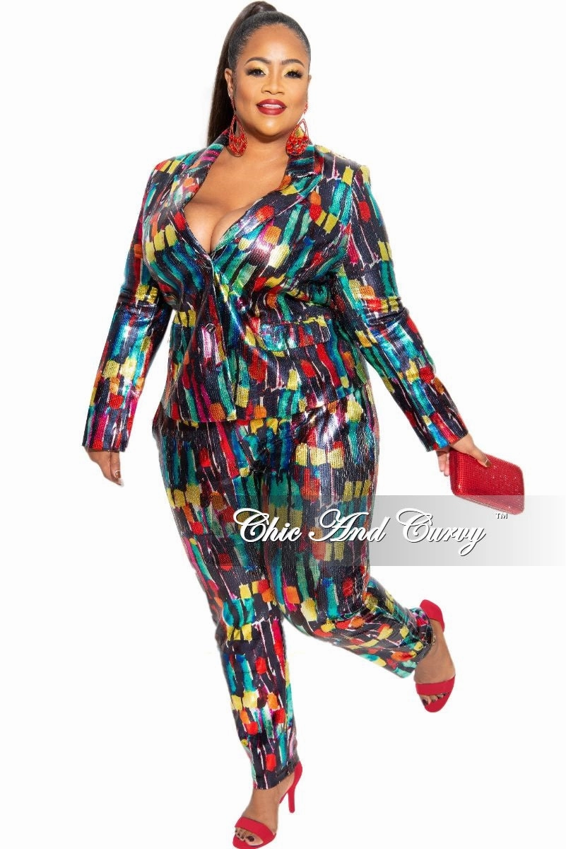 Final Sale Plus Size 2-Piece Pants Suit in Multi-Color Metallic Fabric Temperature Control Fabric Ribbed collar
