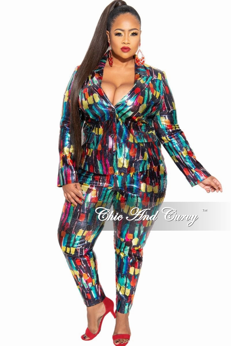 Roll Up Sleeve System Non Restrictive Fit Final Sale Plus Size 2-Piece Pants Suit in Multi-Color Metallic Fabric