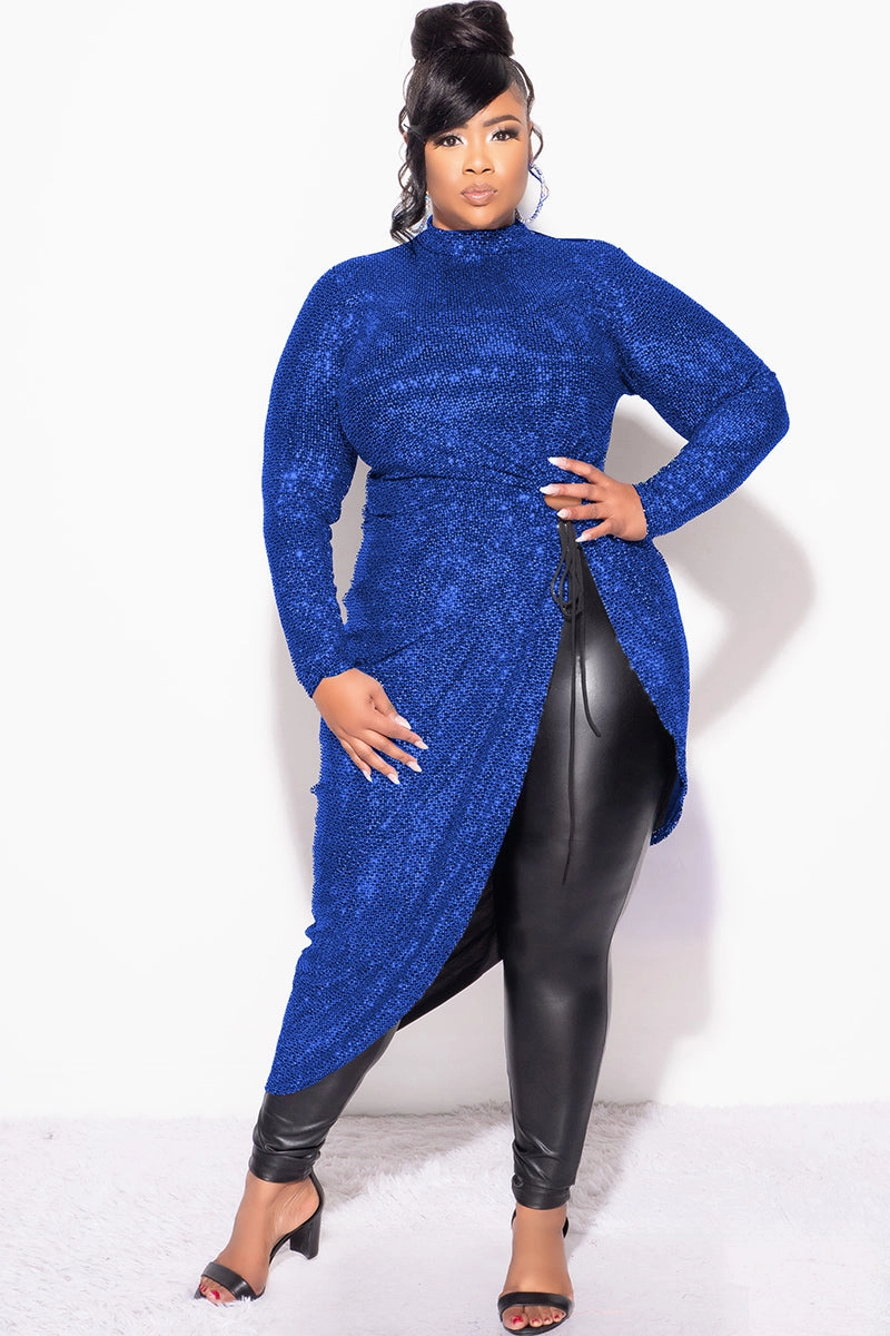 Thermal Insulation Tech Final Sale Plus Size Faux Sequin Hologram Top in Blue