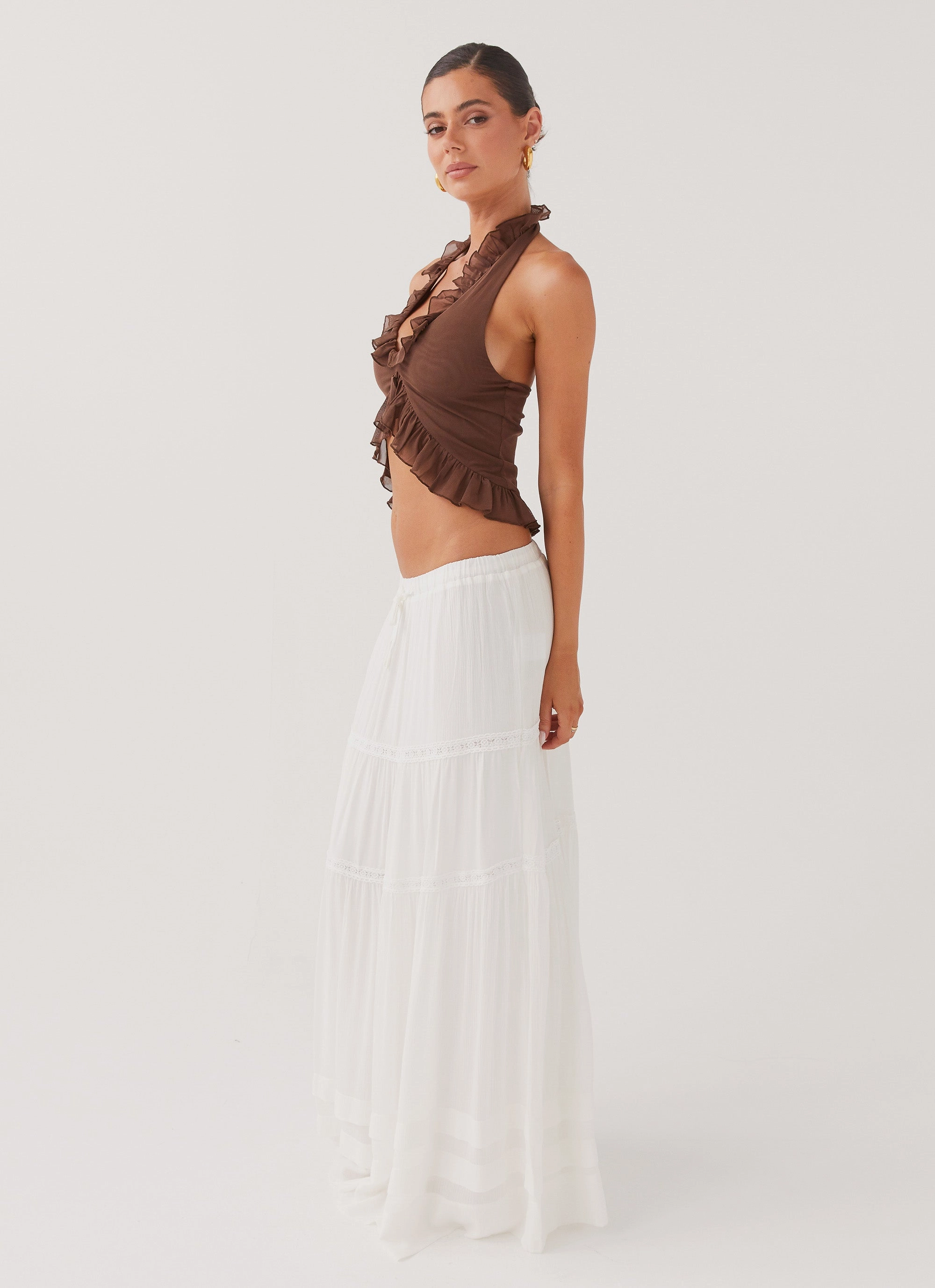 Back pockets Soft Touch Moonstone Tiered Maxi Skirt - White