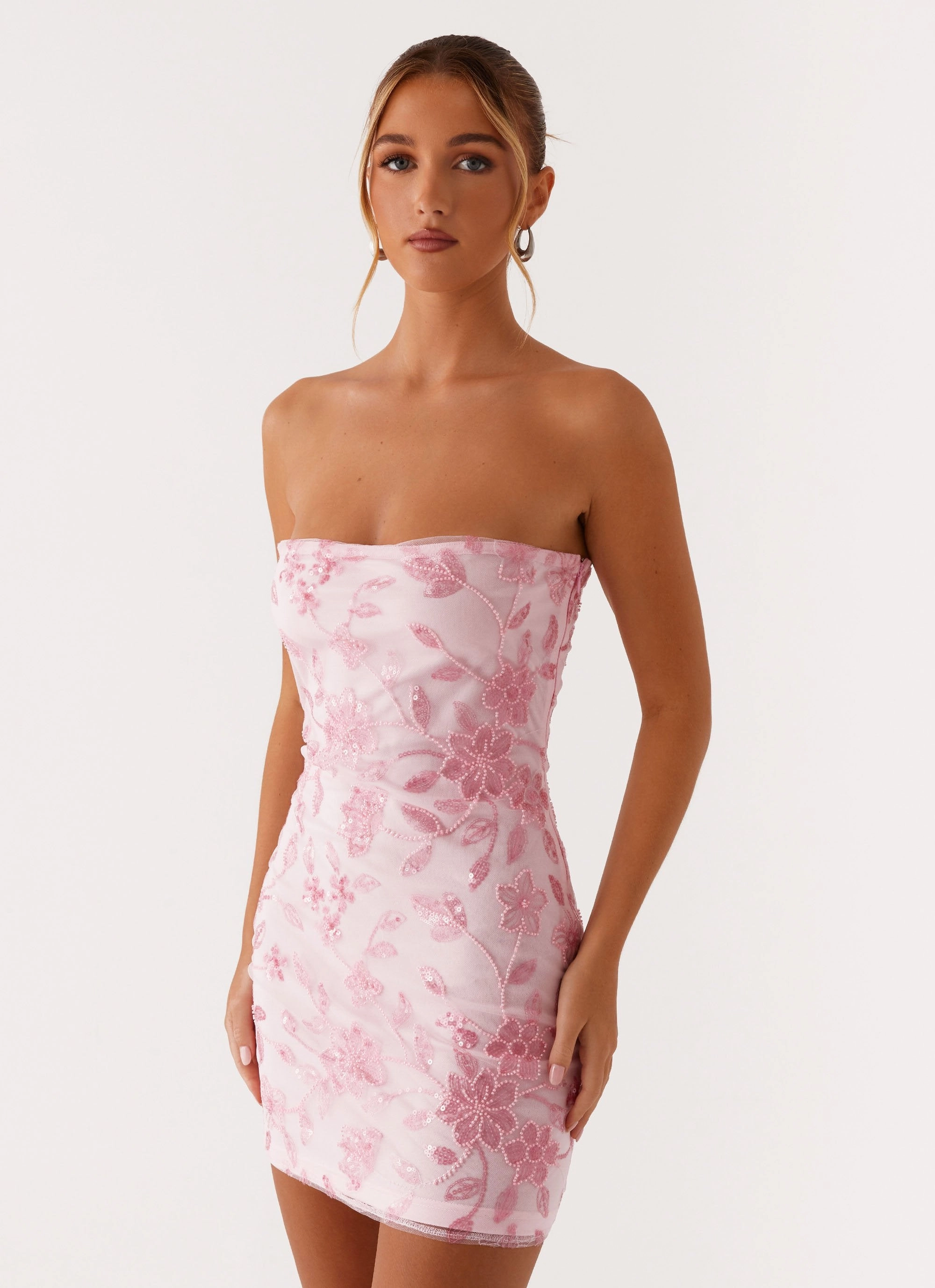 Smooth Texture Square Neck Moorey Beaded Mini Dress - Pink