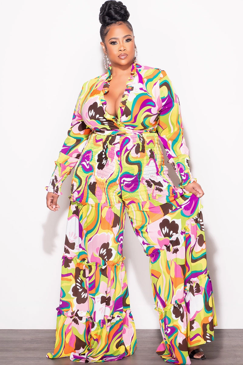 Final Sale Size 2pc Chiffon Crop Tie Top and Frill Pants Set in Multi Color Print Ultra Stretch