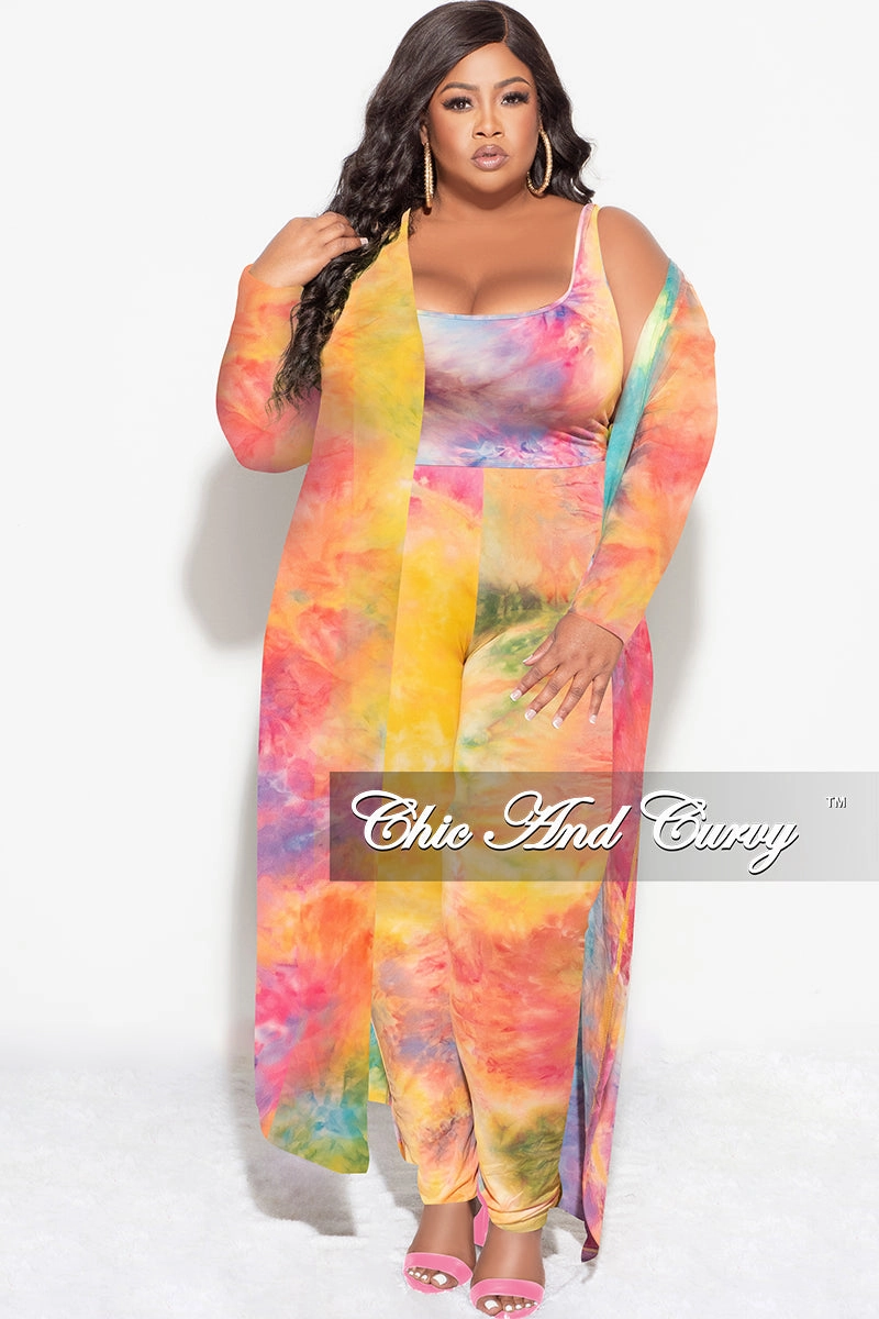Chilly Comfort Bold Design Final Sale Plus Size 3-pc (Duster, Crop Tank Top & Pants) Set in Rainbow Sherbet Tie Dye