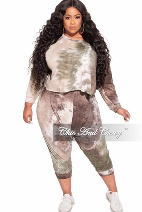 Lightweight Material Minimalist Design *Final Sale Plus Size 2-Piece Harem Pants Set in Olive Tie Dye
