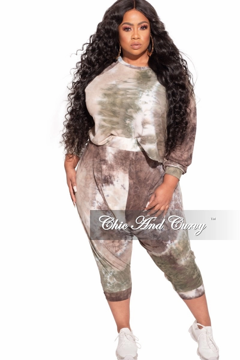 *Final Sale Plus Size 2-Piece Harem Pants Set in Olive Tie Dye All Purpose Fit HeatRegulatingLining