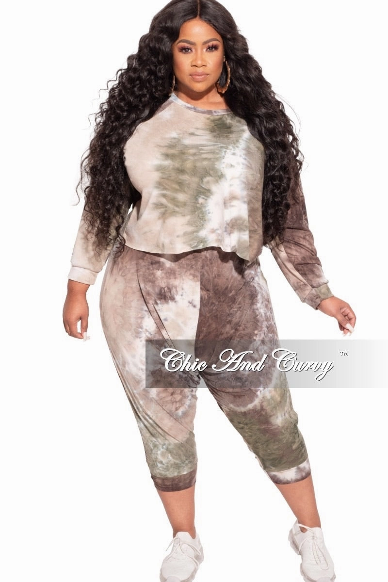 Lightweight Material Minimalist Design *Final Sale Plus Size 2-Piece Harem Pants Set in Olive Tie Dye