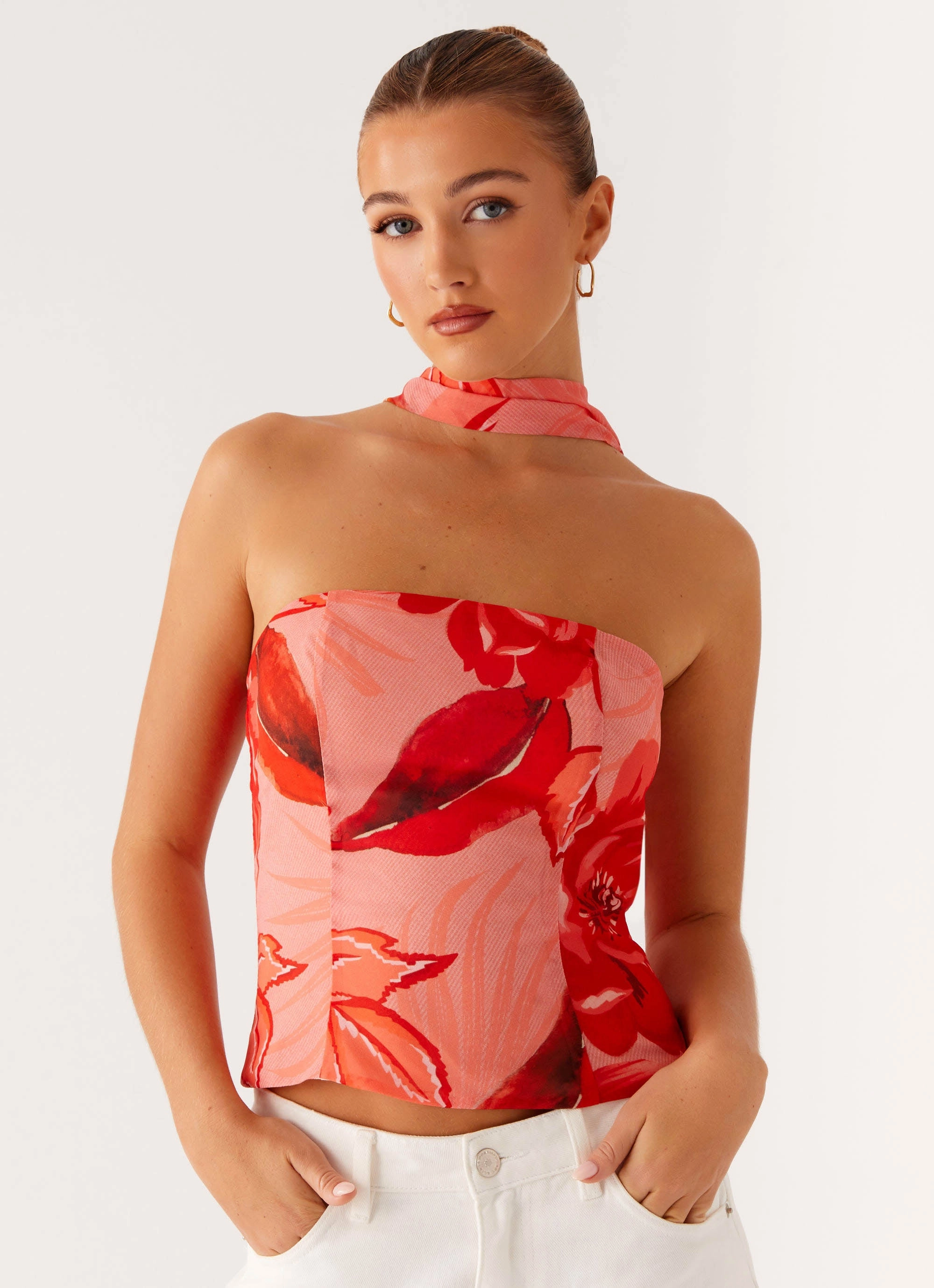 AntiStaticFabric DoubleLayeredShoulders Anais Scarf Top - Sicily Sunset Print