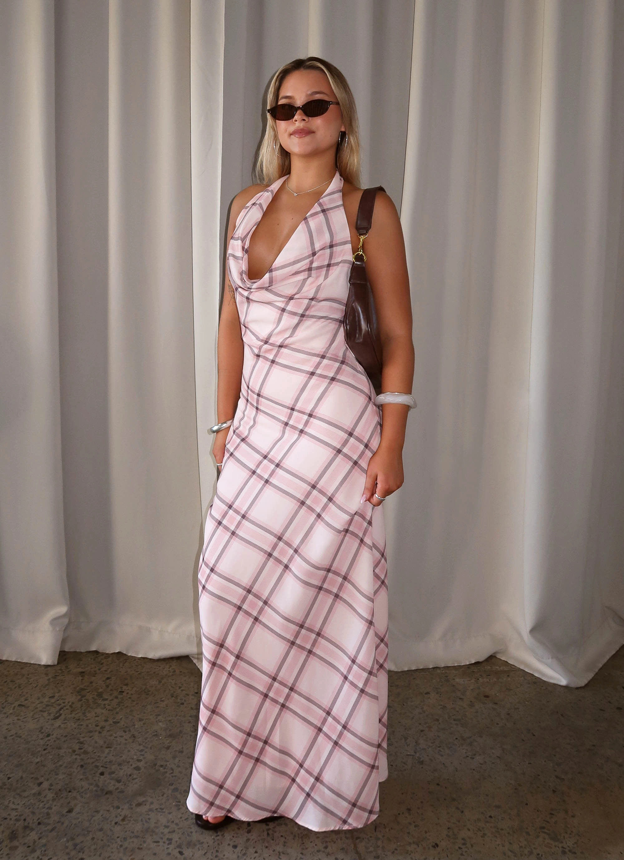 Shape Hug Satin Grace Muse Maxi Dress - Pink Check