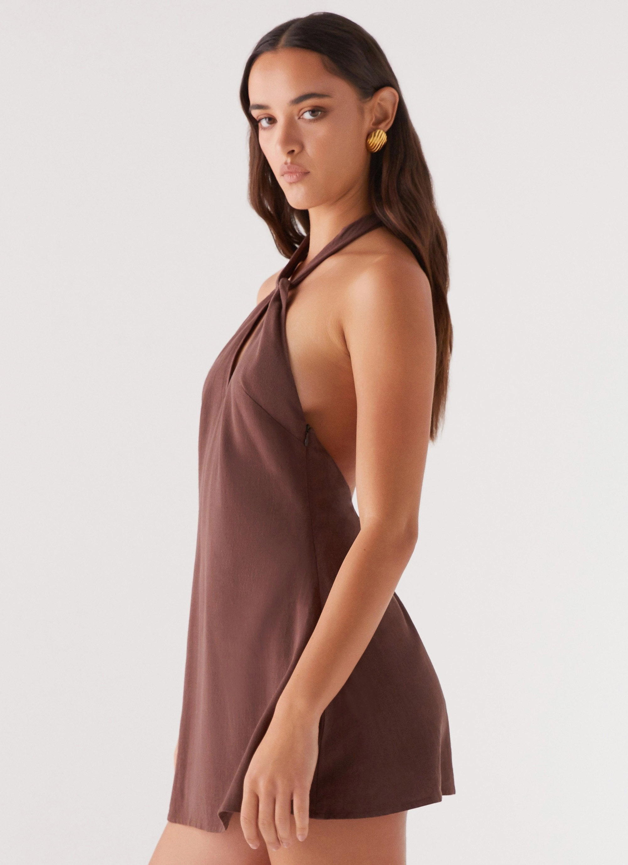 Counting Stars Linen Halterneck Dress - Chocolate Soft Neutral