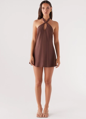Counting Stars Linen Halterneck Dress - Chocolate Comfortable outdoor wear