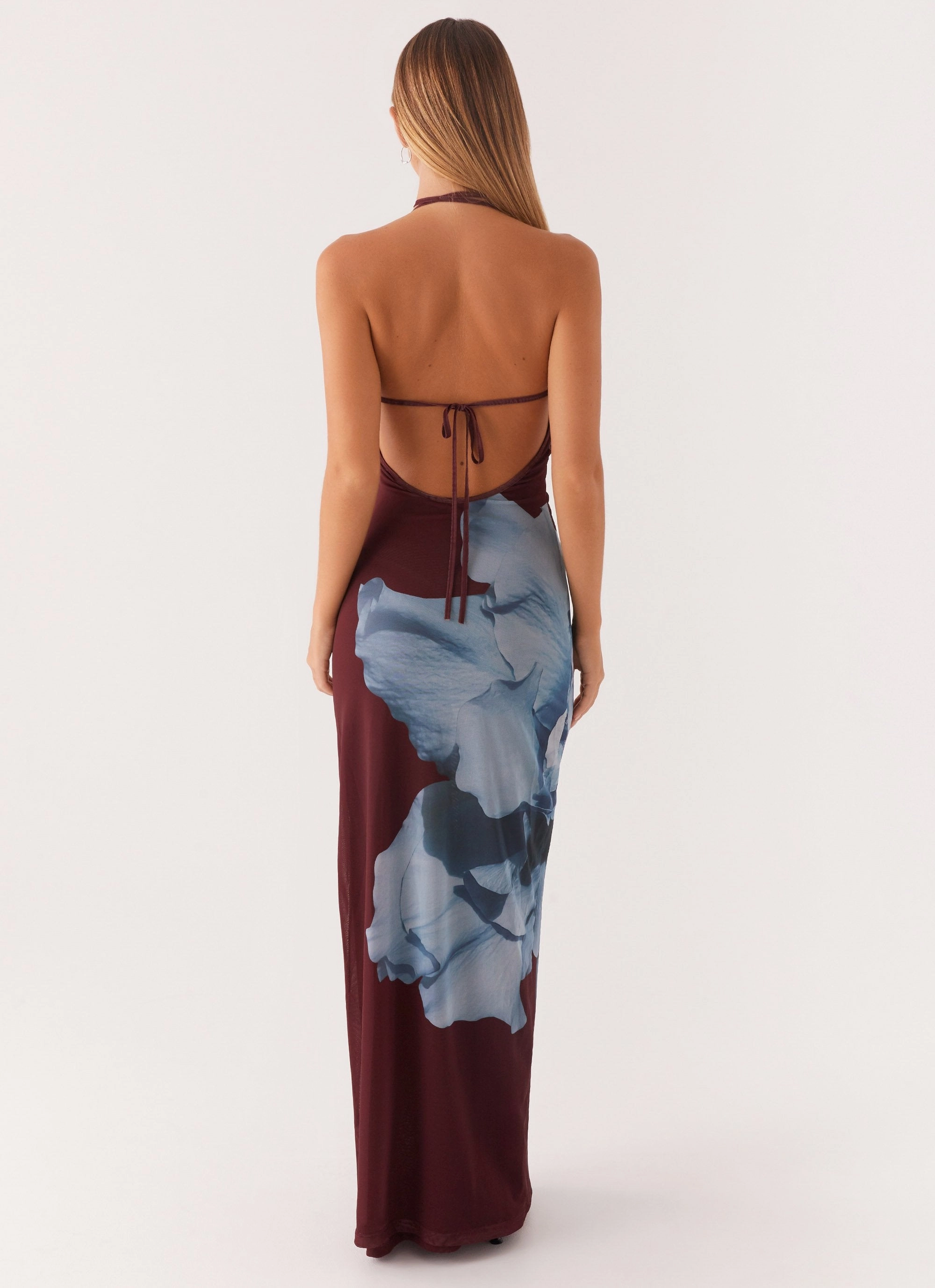Modern-style Cafe Vibe Dayana Halterneck Maxi Dress - Maroon Print