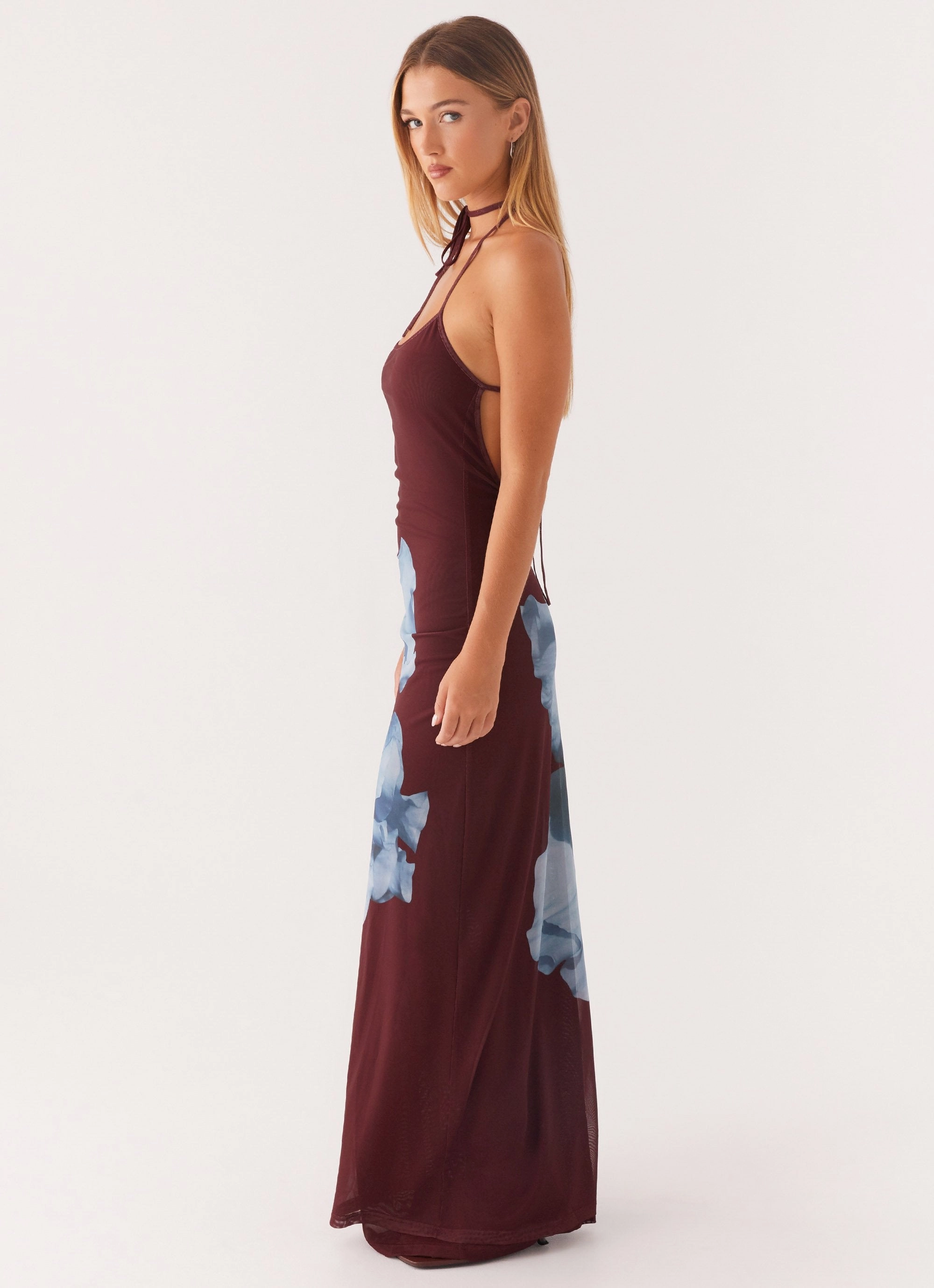 Radiant Mood Dayana Halterneck Maxi Dress - Maroon Print