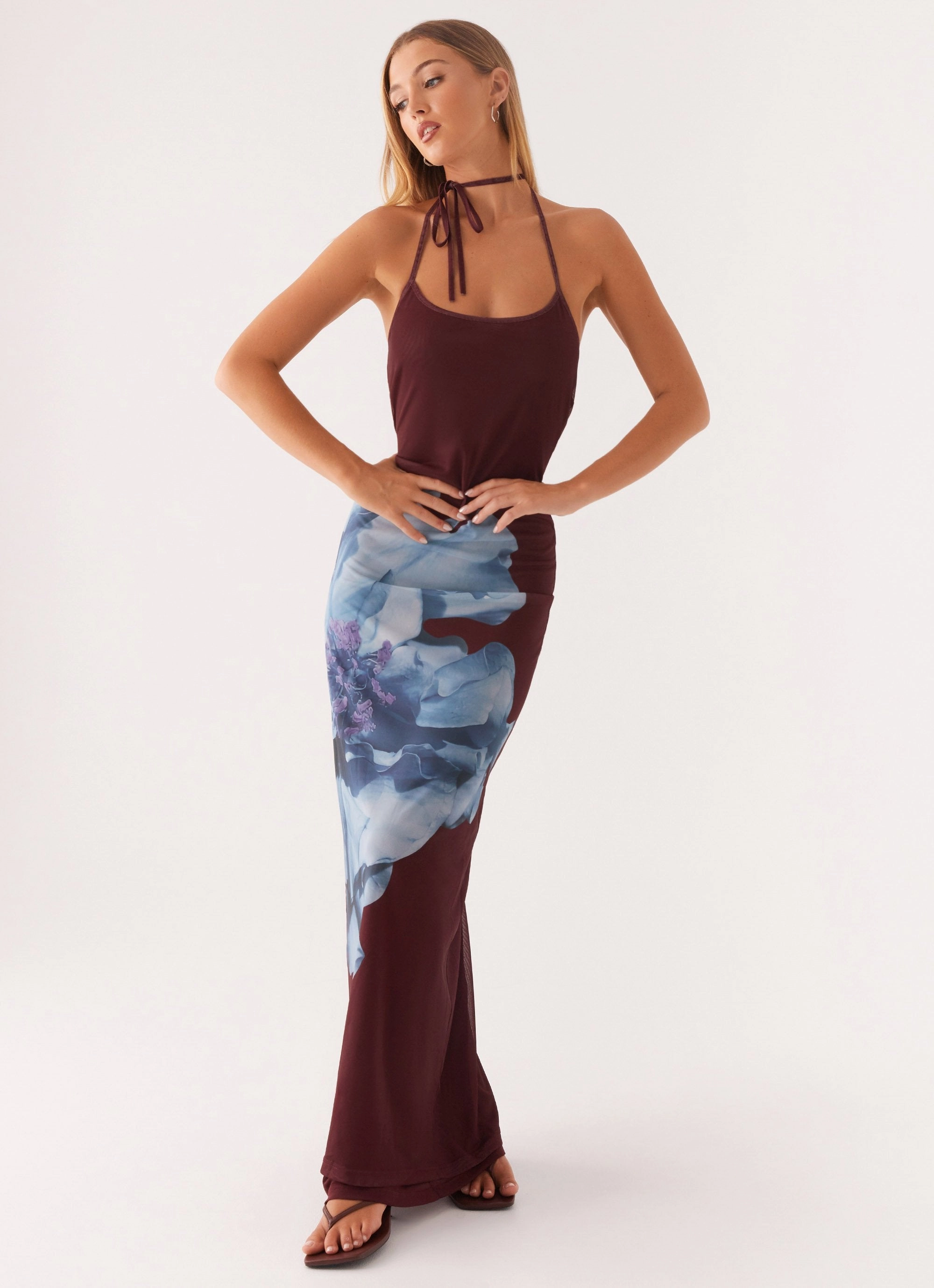 Quick Look Stylish Layer Dayana Halterneck Maxi Dress - Maroon Print