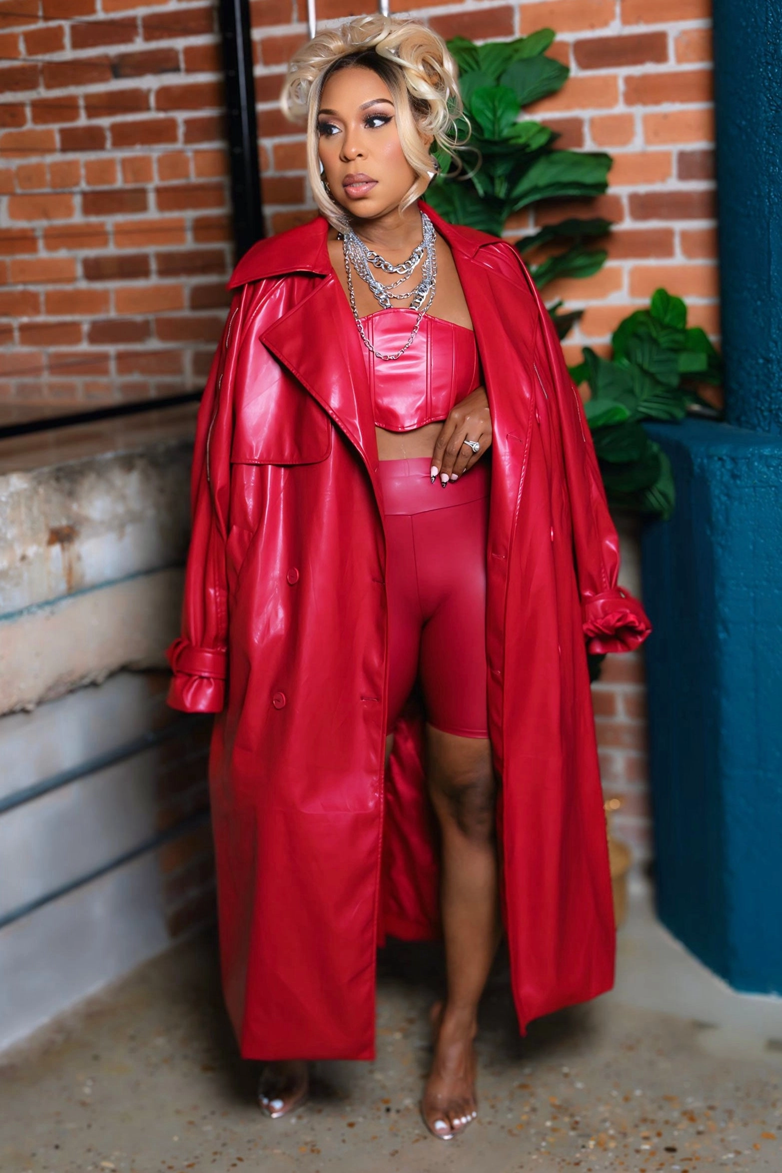 Day Hike Style Non Iron Fabric Tech Nadeene Fierce Red Vegan Bandeau And Trench Set