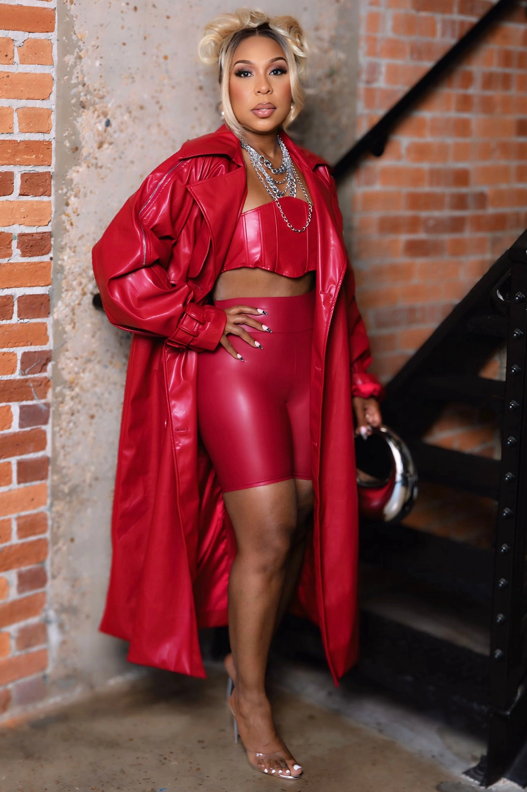 MultiPocketStyle Nadeene Fierce Red Vegan Bandeau And Trench Set