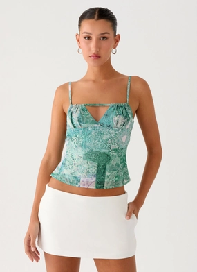 Layered Panel Construction DoubleStitchedHem Nalini Ruched Neckline Top - Green Paisley