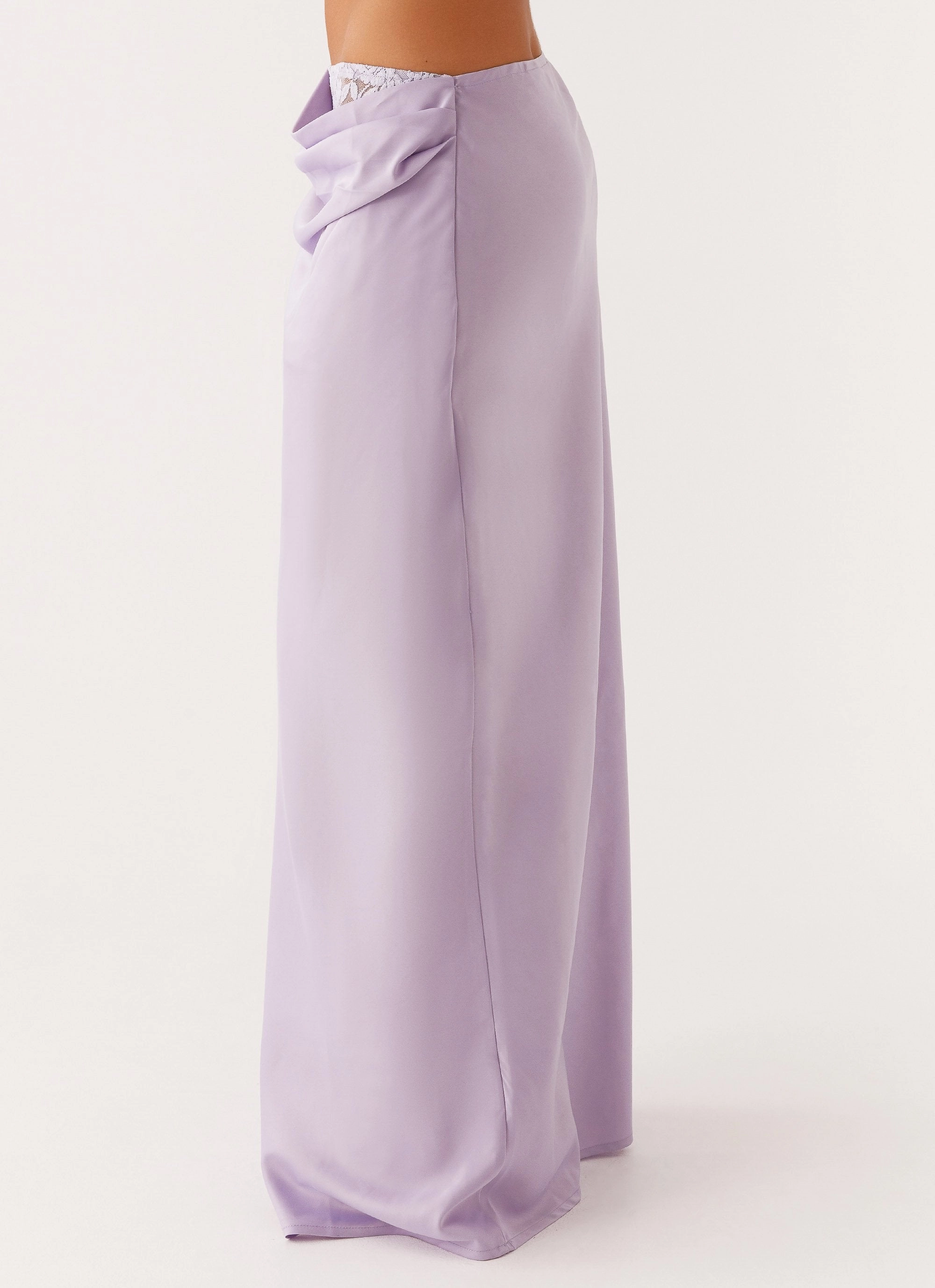 Soft Finish FlameRetardantTreatment Nancy Lace Satin Maxi Skirt - Lilac