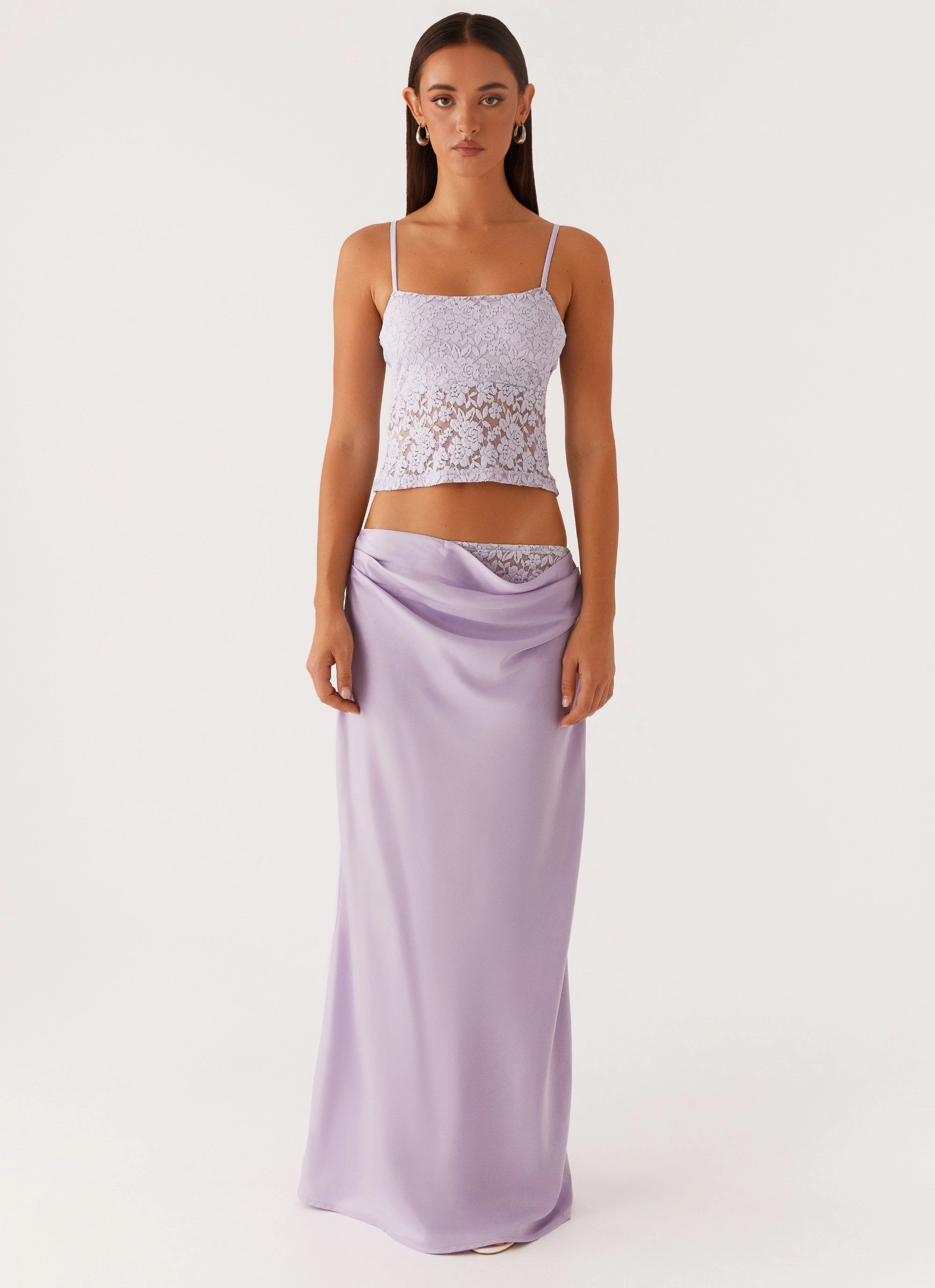 Nancy Lace Satin Maxi Skirt - Lilac Layered Panel Design