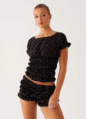 Natalia Ruched Top - Black Polka Dot Cozy Comfort