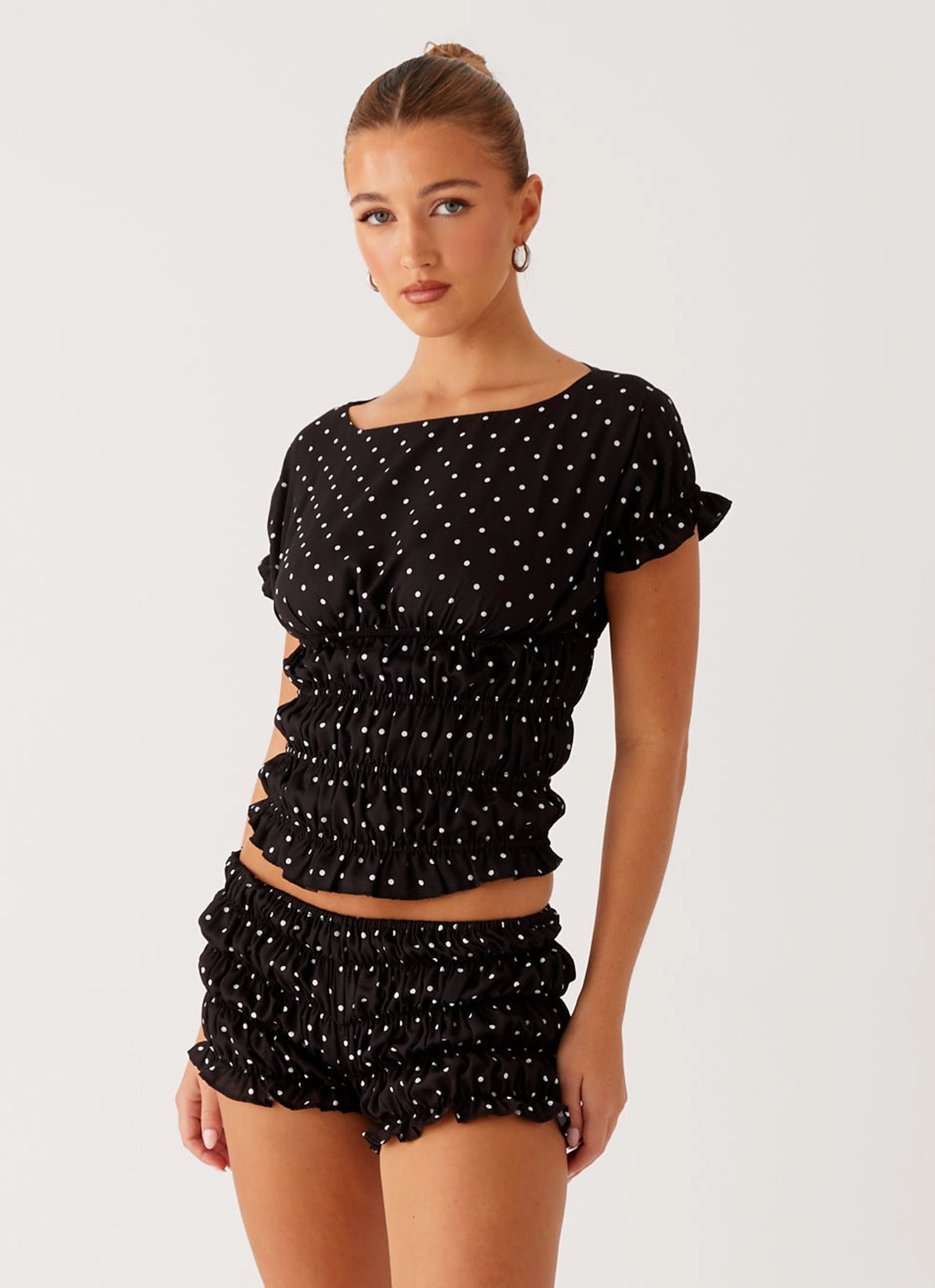 Buttery Soft Handfeel Natalia Ruched Top - Black Polka Dot