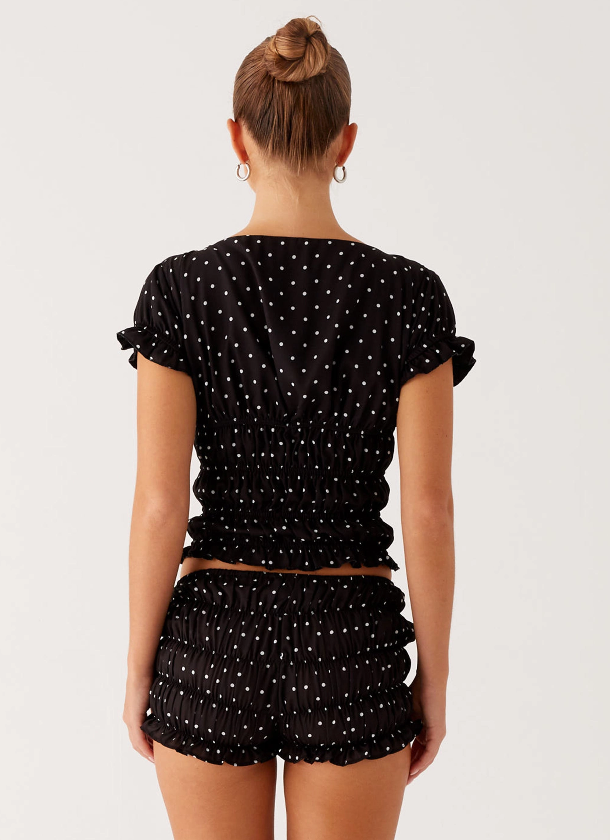Natalia Ruched Top - Black Polka Dot Holiday Trip