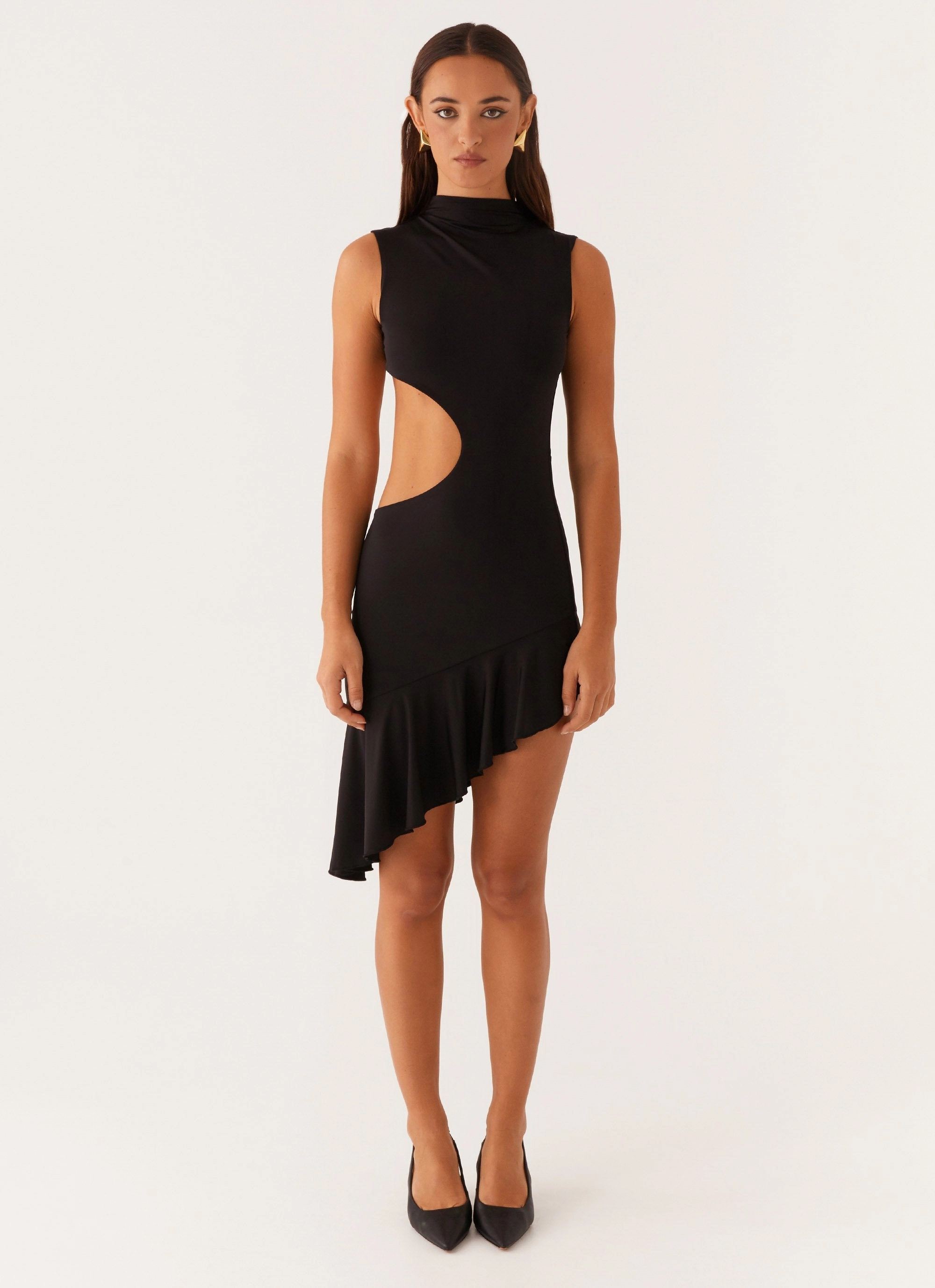 Layered-Sleeve Drawstring-Waist Natara Cut Out Midi Dress - Black