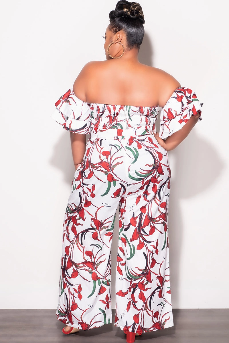 Relaxed Comfort Look Odor Control Tech Final Sale Plus Size 2pc Set White & Red Flower Print With Crop Top & Matching High Rise Pants