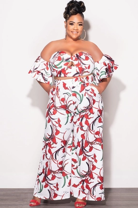 Hip Friendly Pockets Final Sale Plus Size 2pc Set White & Red Flower Print With Crop Top & Matching High Rise Pants