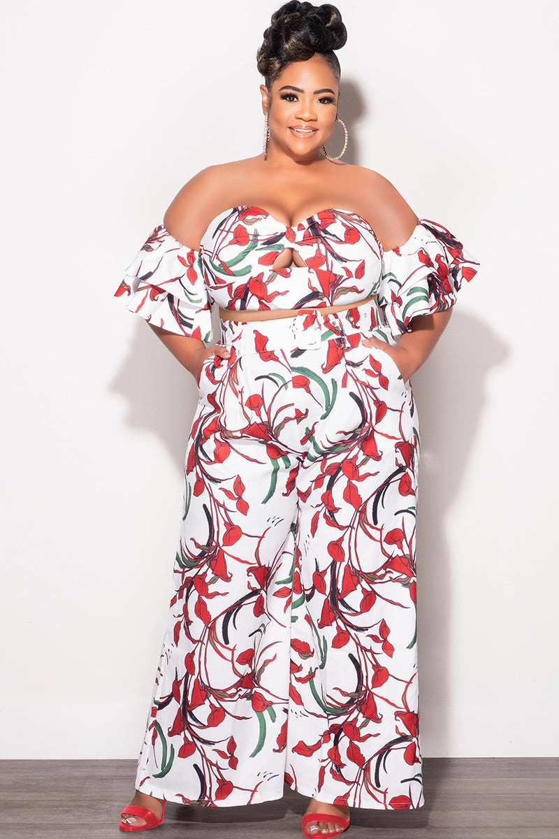 Hip Friendly Pockets Final Sale Plus Size 2pc Set White & Red Flower Print With Crop Top & Matching High Rise Pants