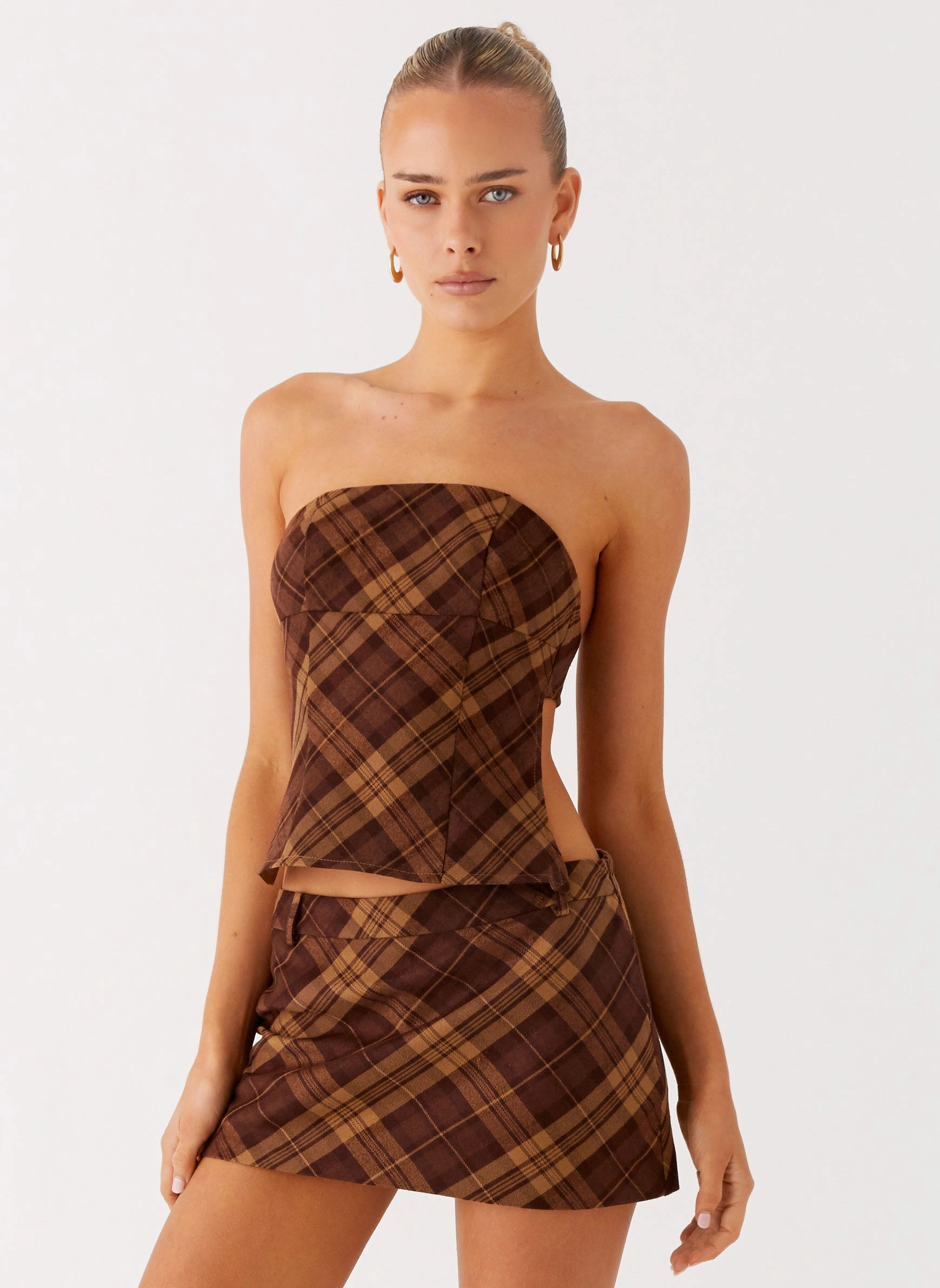 Kira Strapless Top - Plaid Compact Jacquard Weave StretchKnit