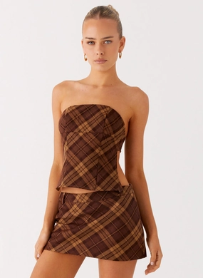 Kira Strapless Top - Plaid Compact Jacquard Weave StretchKnit