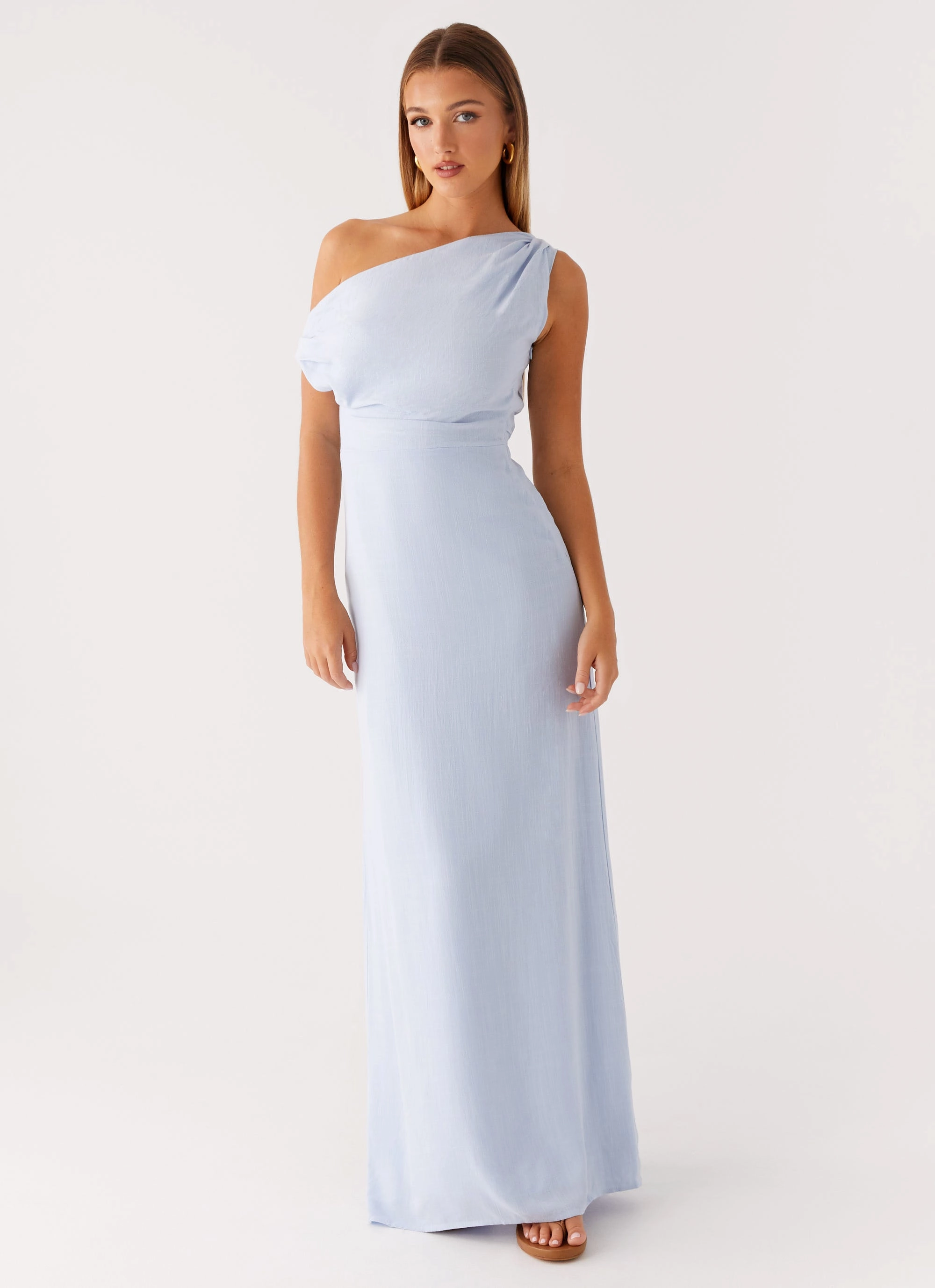 Smooth Surface Travel Friendly Lady Love Linen Maxi Dress - Blue