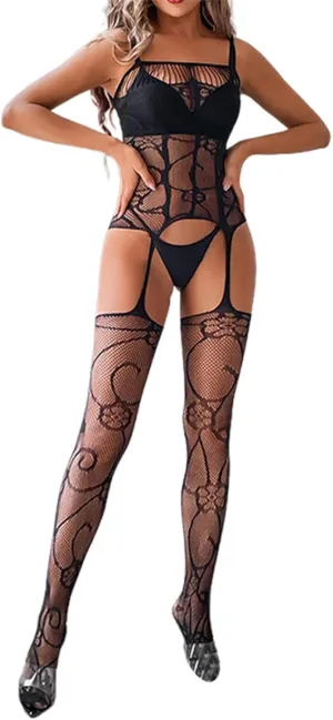 Neck Backless Silk Stockings Mesh Sexy Lace Lingerie Set Ladies' Jacquard Hanging Nightgowns Chemise Underwear