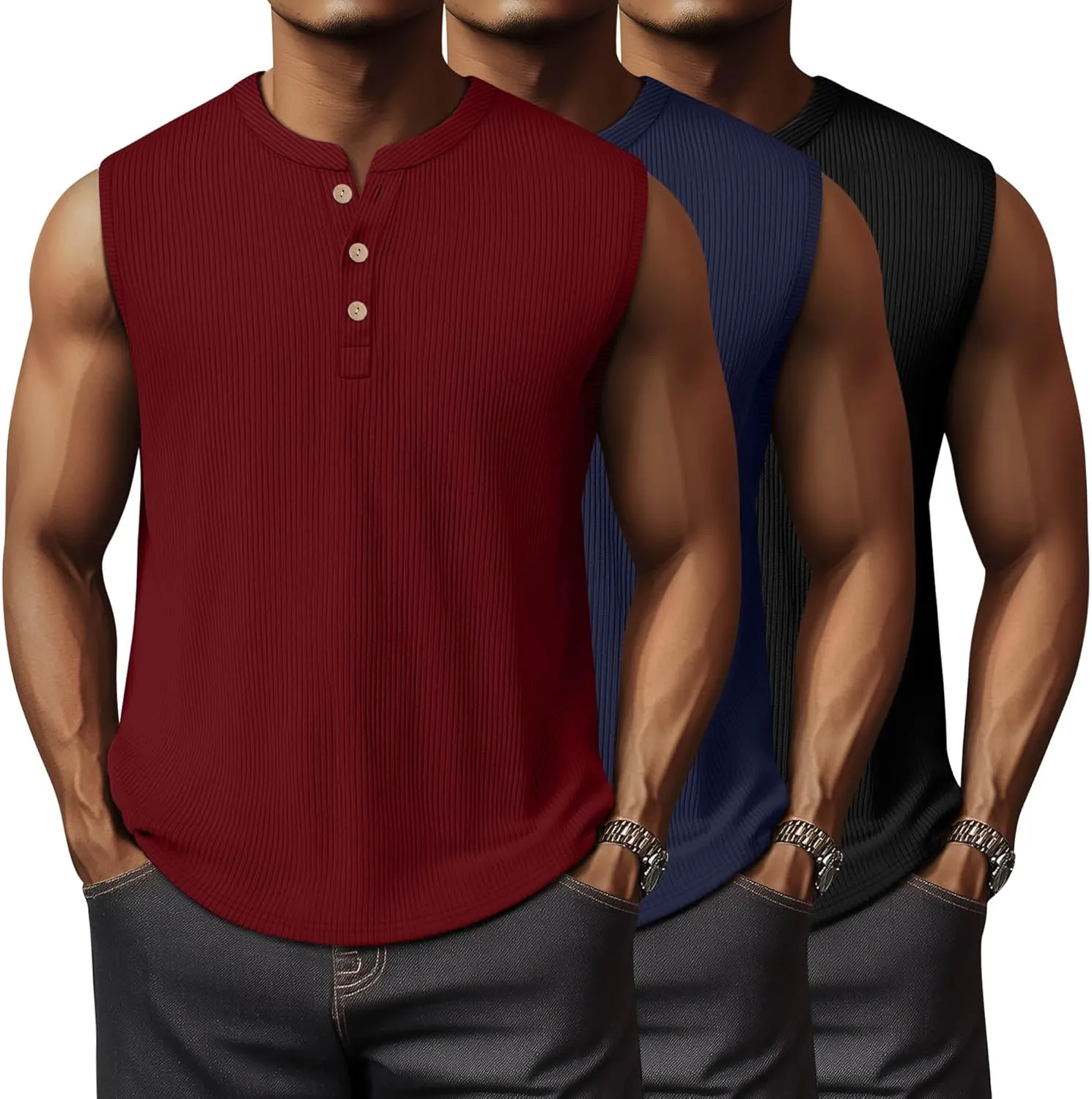 Neer 3 Pack Ribbed Tank Tops for Men Summer Sleeveless Henley Shirts Crewneck Tees Muscle Slim Fit Tank Top
