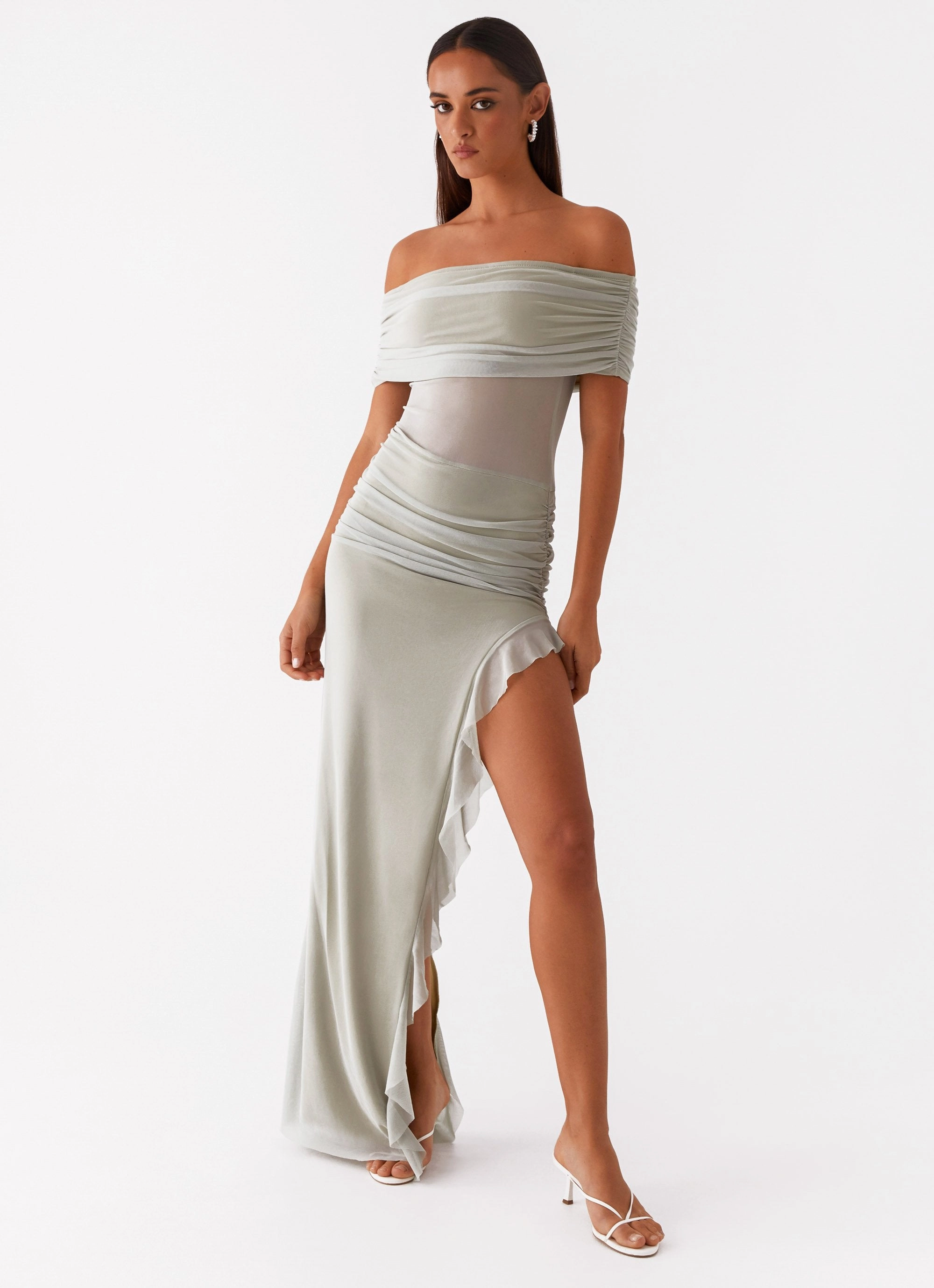 Nelly Off Shoulder Maxi Dress - Pistachio Gloss Finish