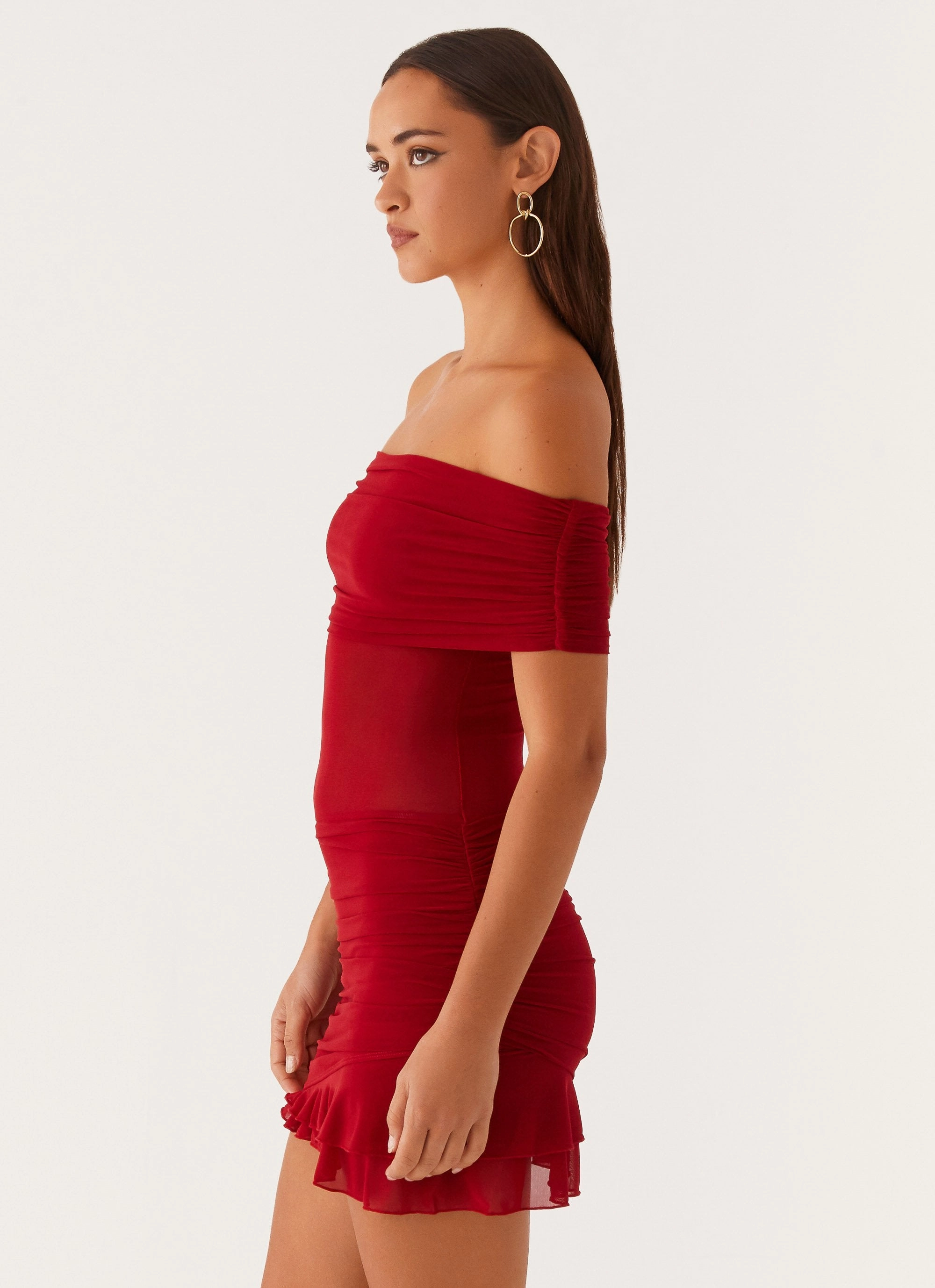 Nelly Off Shoulder Mini Dress - Deep Red ContrastStitching