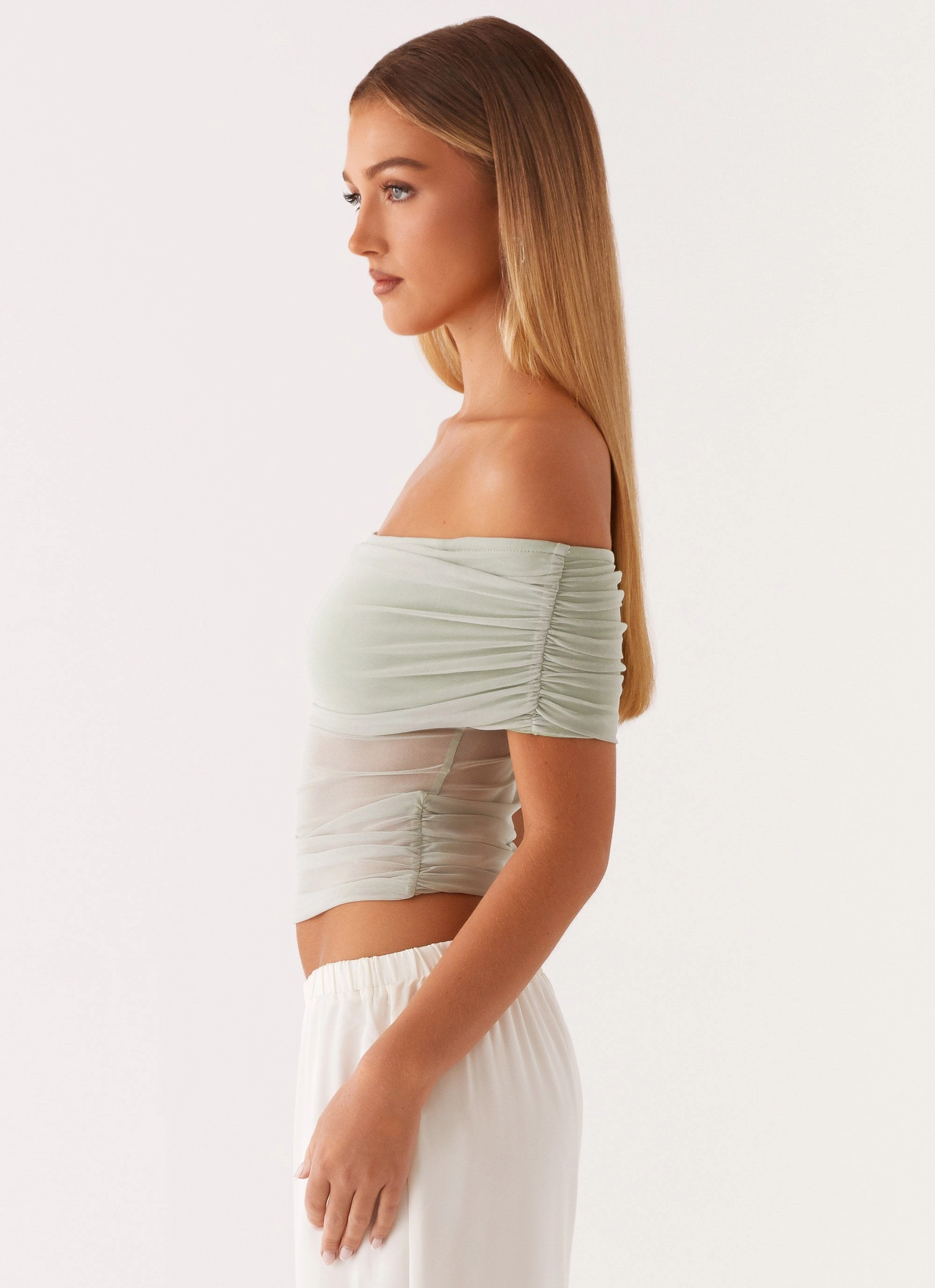 Nelly Off Shoulder Top - Pistachio Buttonless Closure