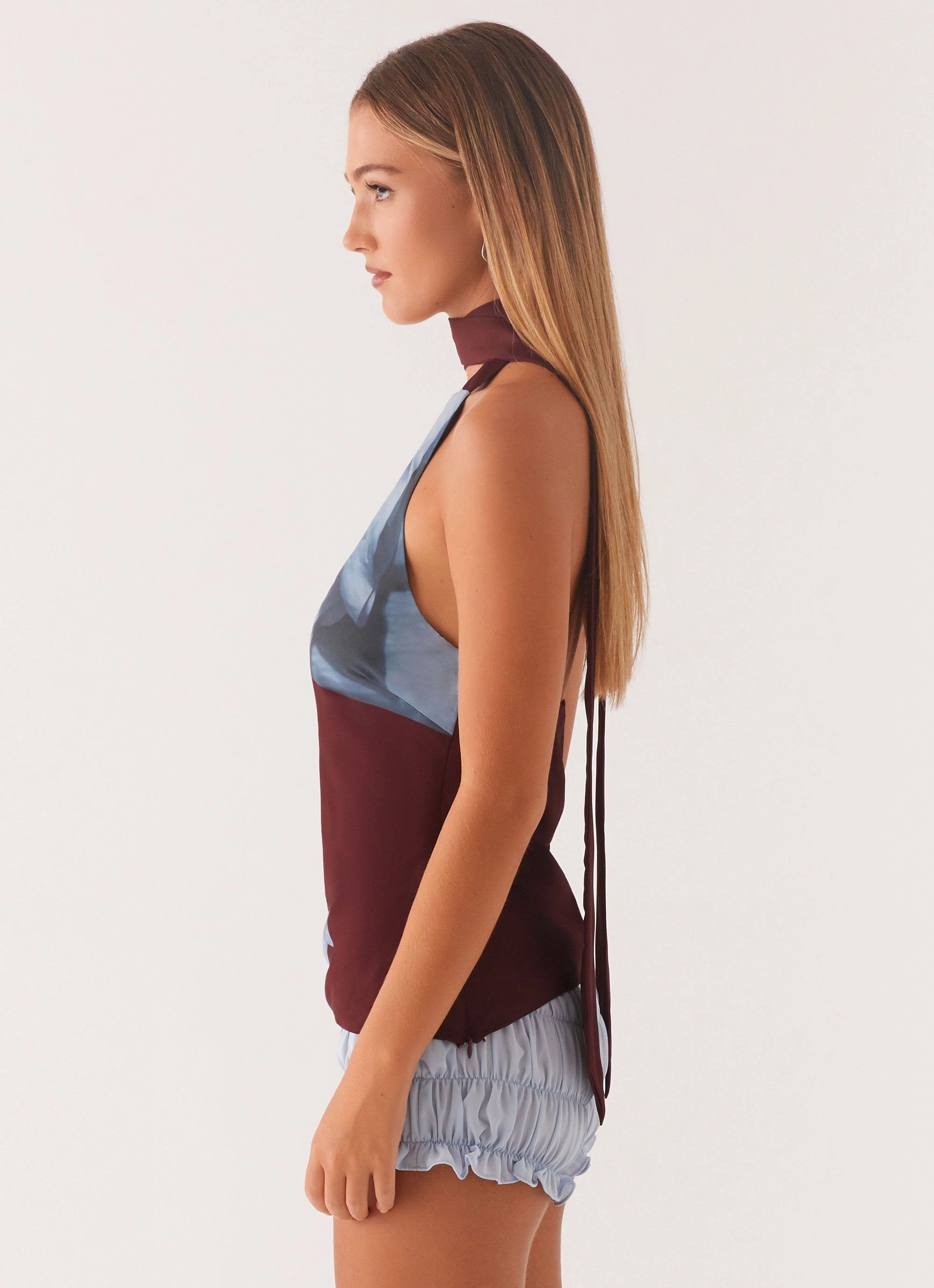 Catarina Halter Top - Maroon Print Multi Pocket Functional Design Grid Back Panel