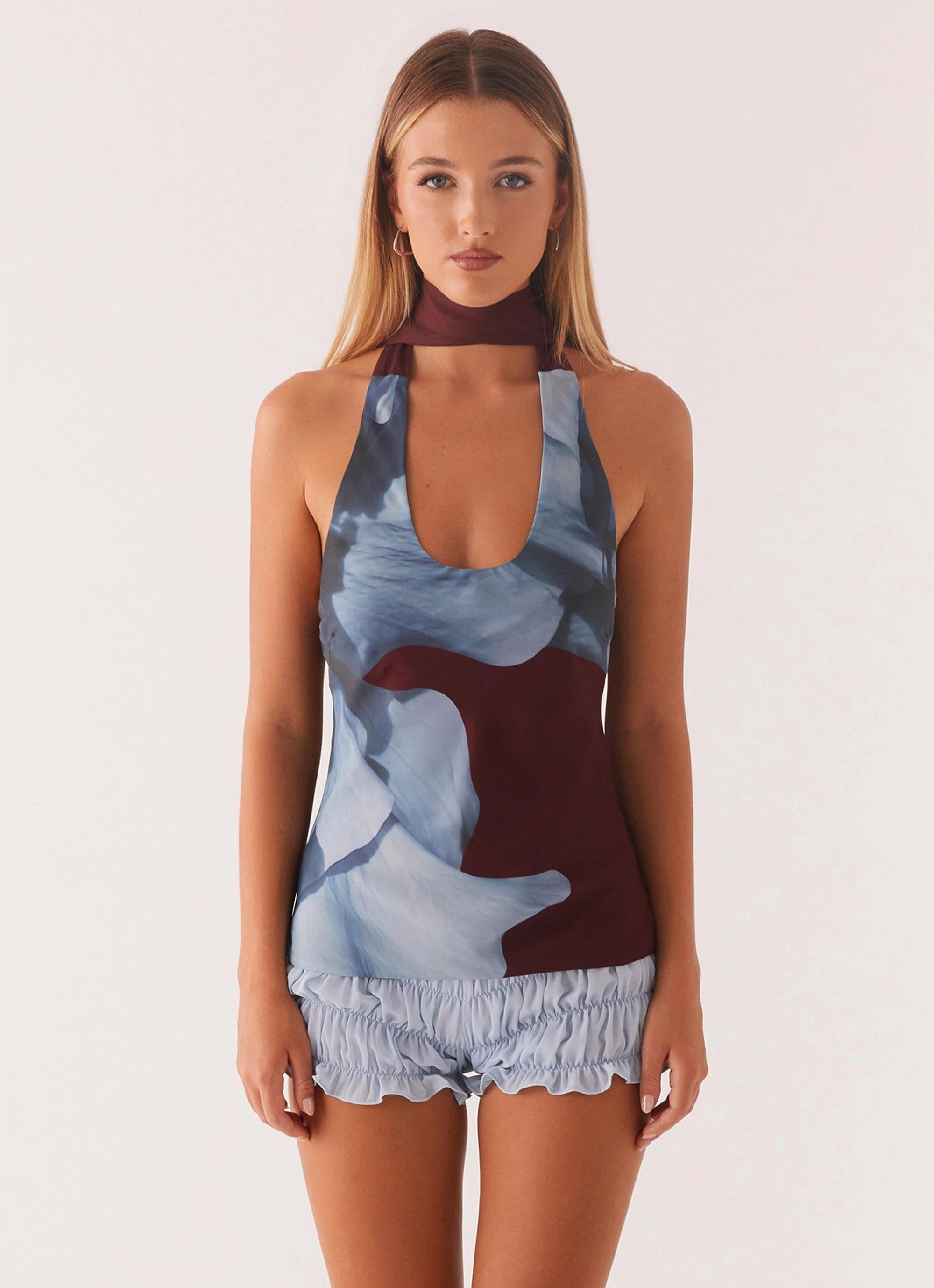 Ventilated Mesh Panels Hidden Storage Pockets Catarina Halter Top - Maroon Print