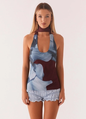 Ventilated Mesh Panels Hidden Storage Pockets Catarina Halter Top - Maroon Print