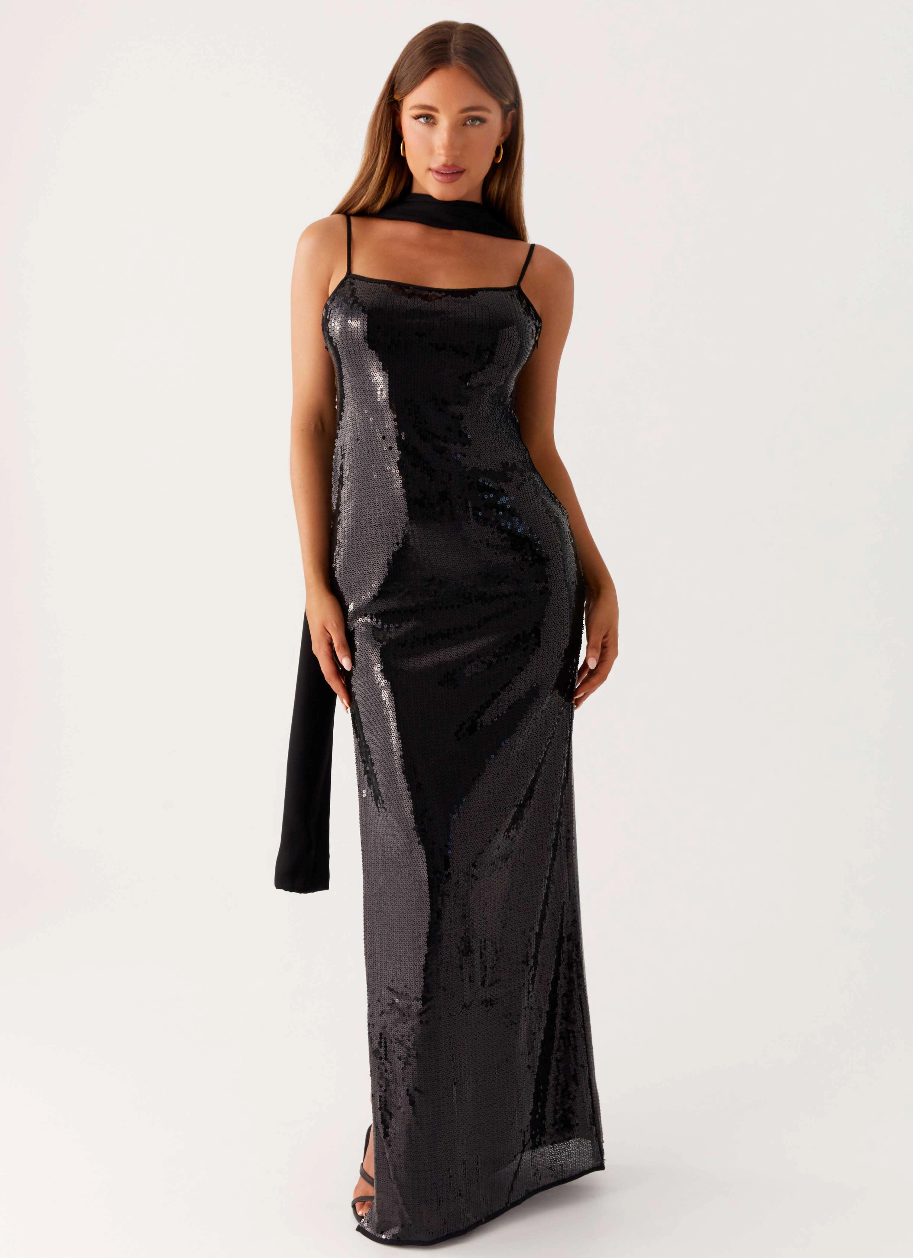 Scarf Neck Sequins Maxi Dress - Black Lounge Texture Statement-Buttons