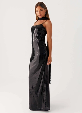 BreathableFabric Delicate Lines Scarf Neck Sequins Maxi Dress - Black