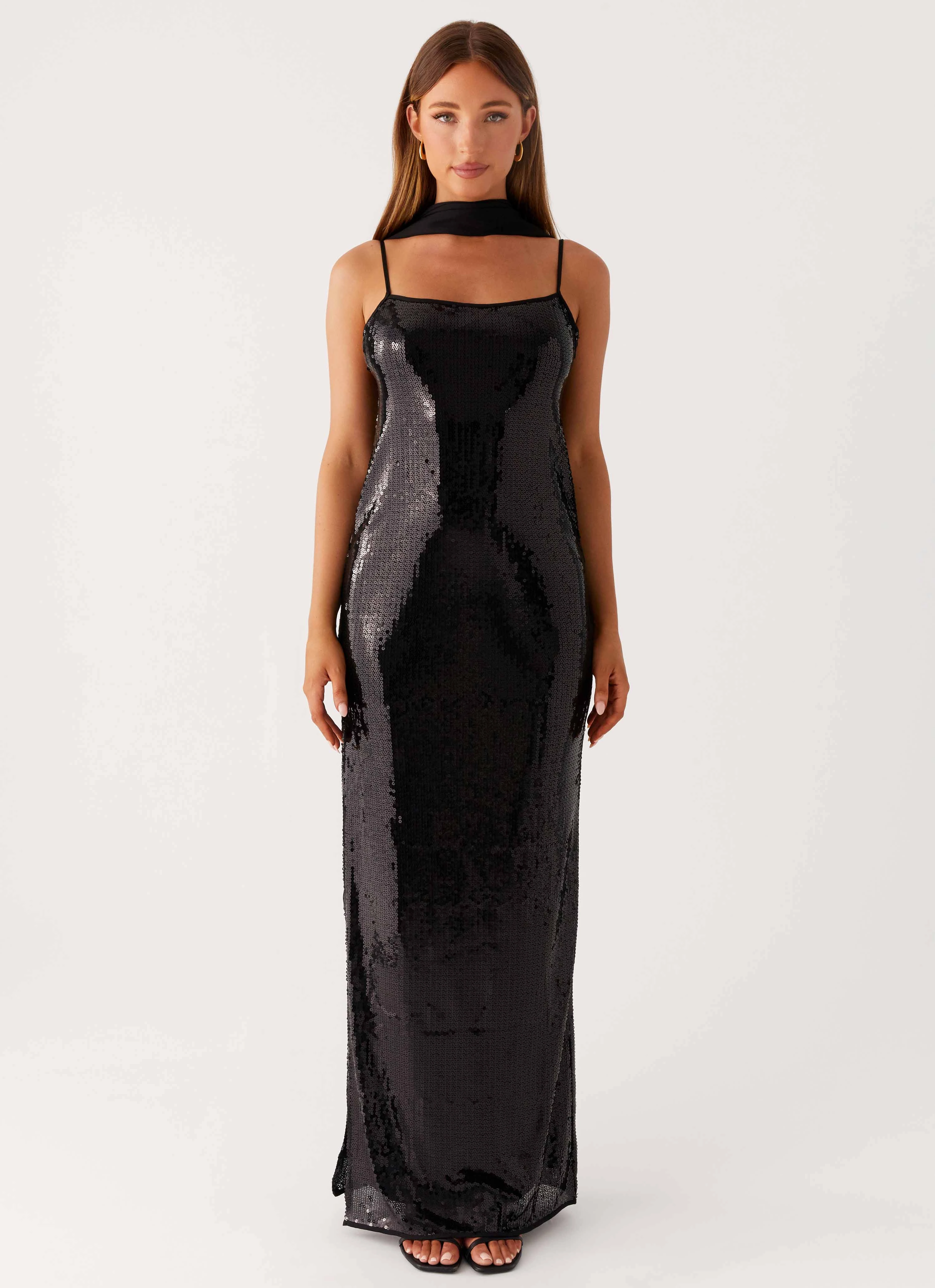 Scarf Neck Sequins Maxi Dress - Black Air Touch Fall Piece