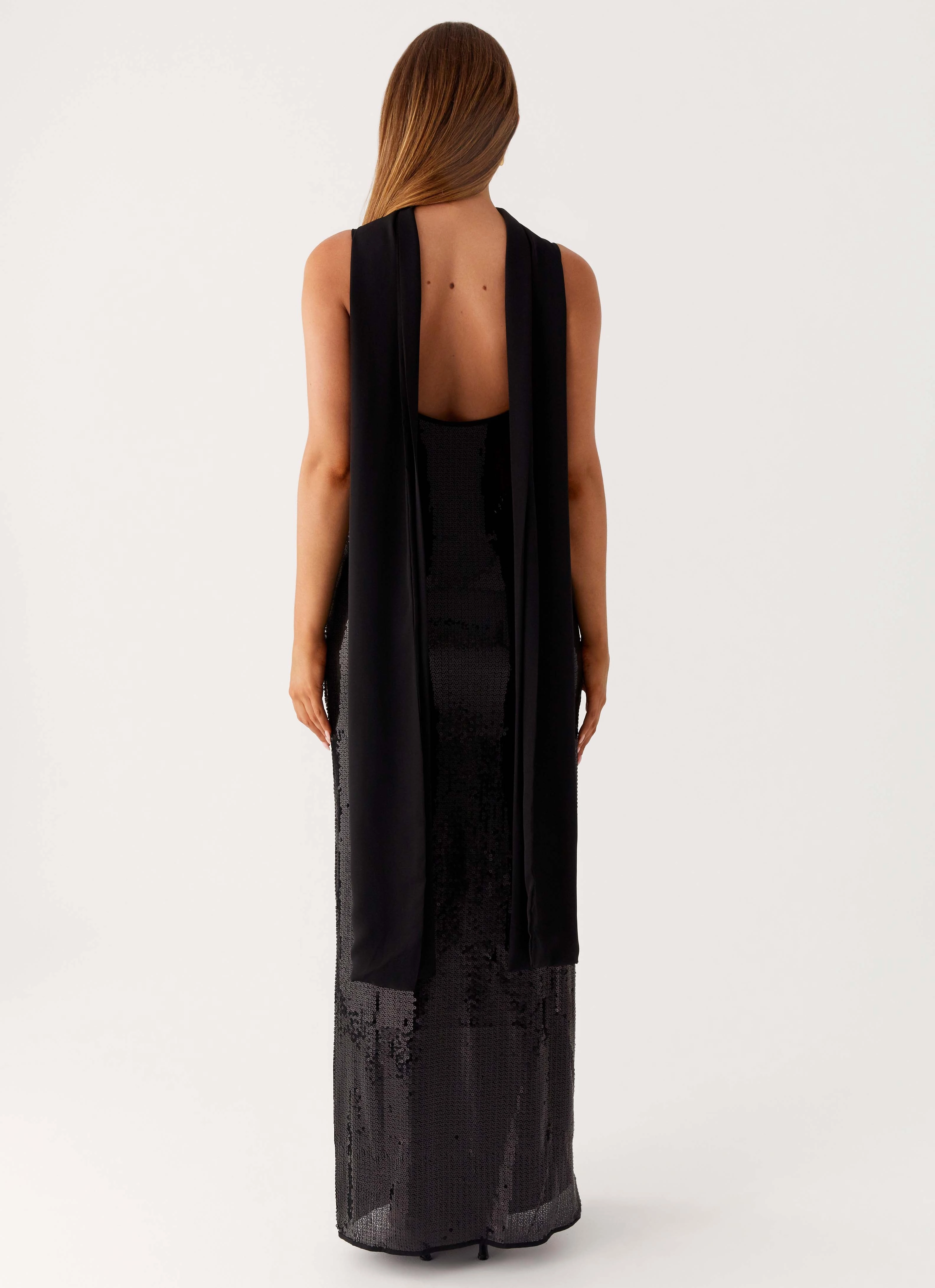 Grass Soft Breathable-Lining Scarf Neck Sequins Maxi Dress - Black