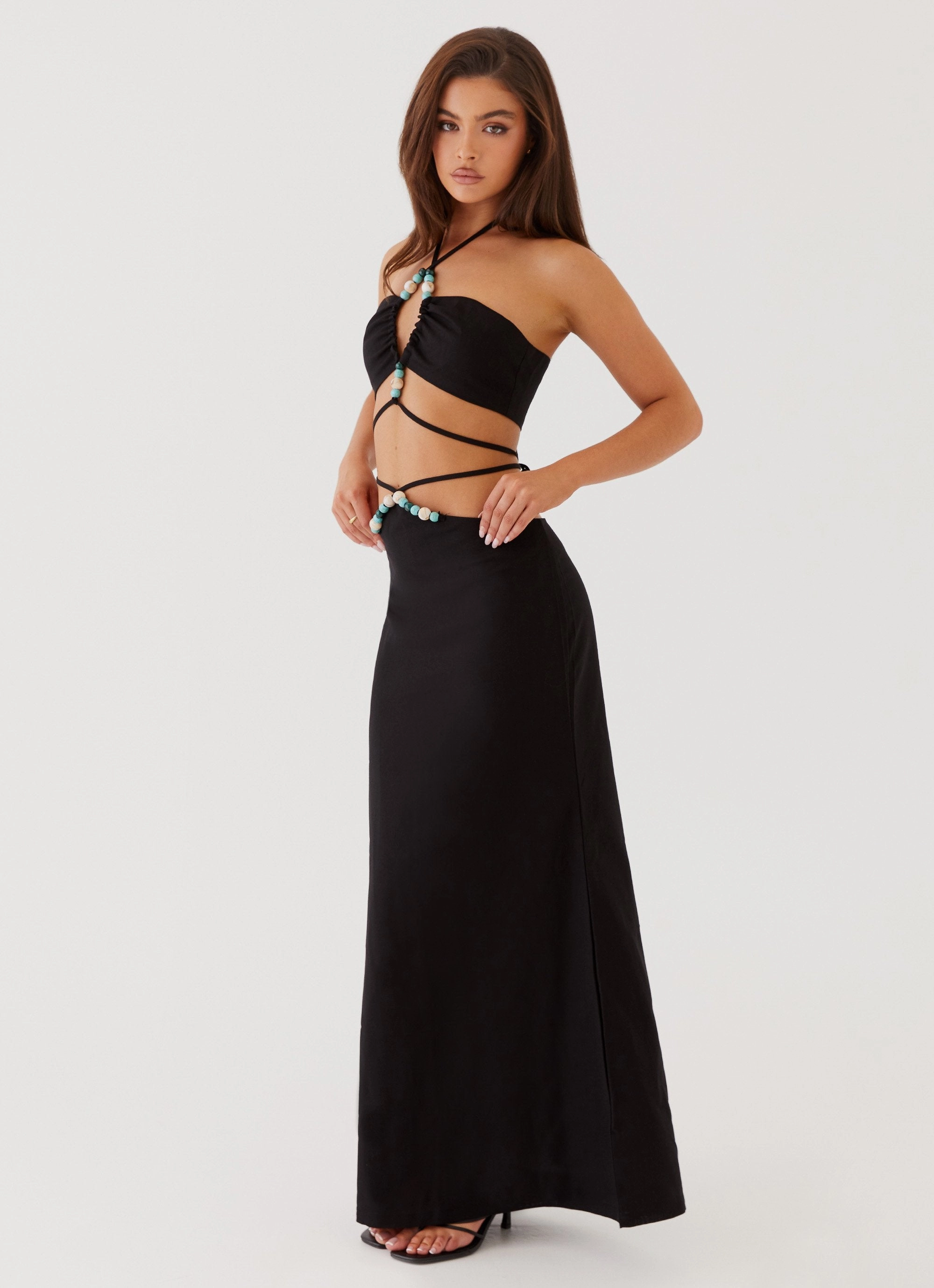 Neveah Beaded Halter Top - Black LayeredCuff FourWayStretchFabric
