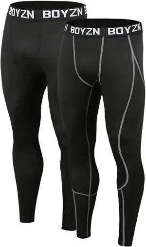 New Boyzn Men's 2 Pack Sports Compression Pants Quick Dry Active Base Layer Tights Workout Running Leggings with Pockets, Fits 32" Waist!
