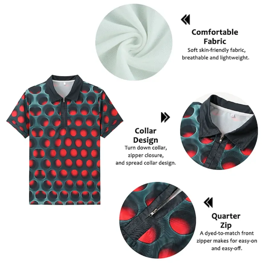 NEW Men's Polo Shirt Golf Shirt Optical Illusion Turndown Red Blue Purple Orange Green 3D Print Outdoor Street Short Sleeves Zipper Print Clothing Apparel Fashion Designer Casual Breathable, Sz 3XL, Retails $73