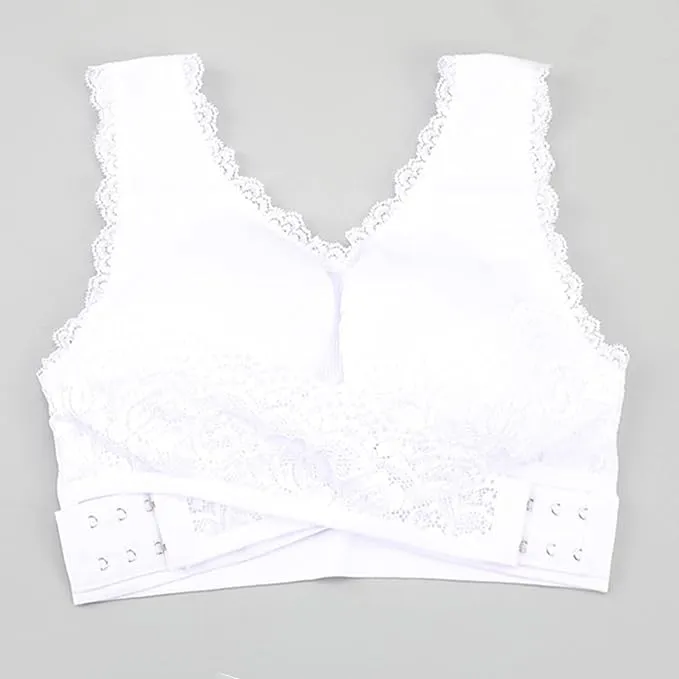 New Women Comfort Wireless Lace Lift Bra Classic Front Cross Side Buckle Yoga Sports Lace Bra, White, Sz S