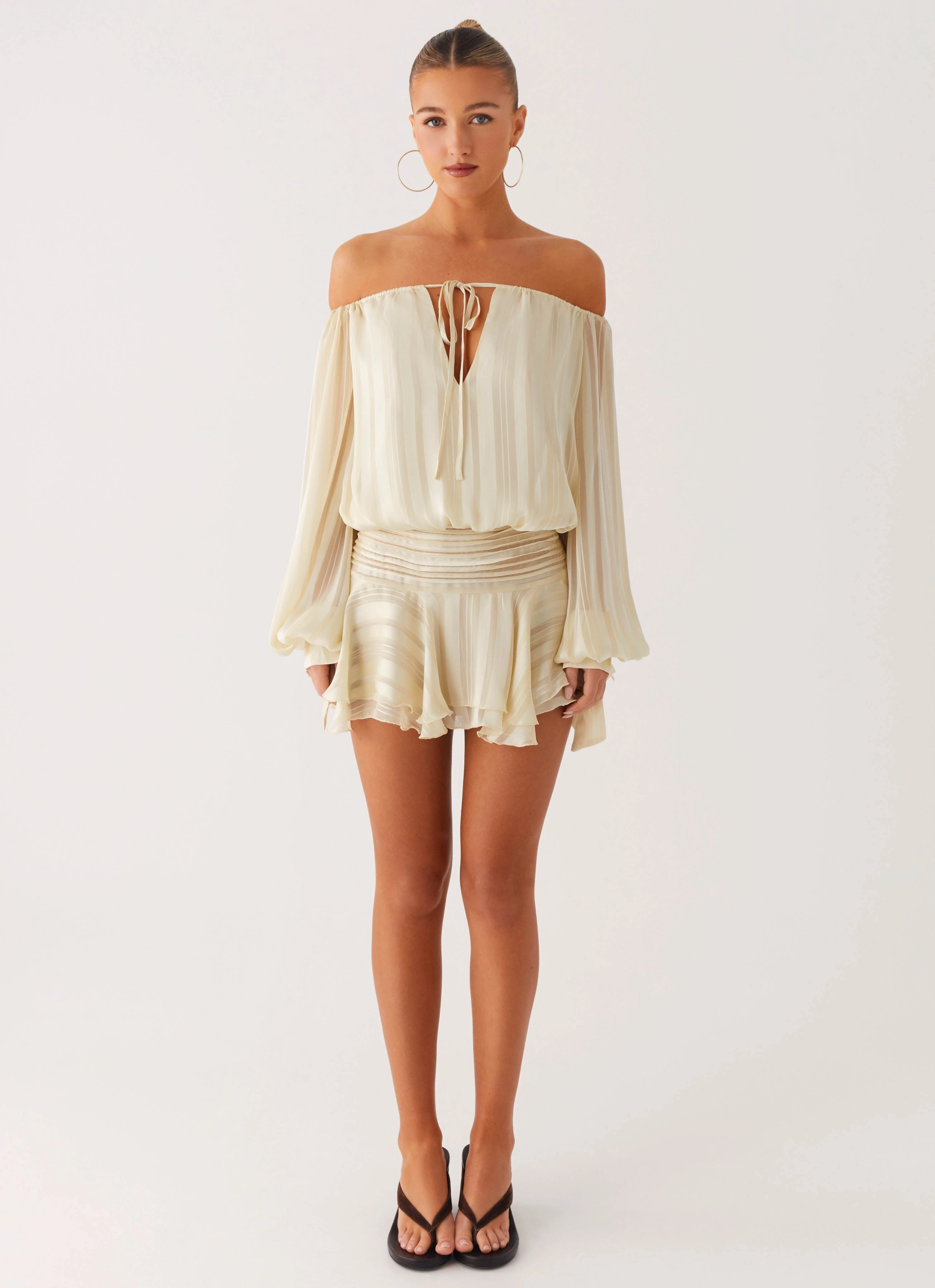 Eira Balloon Sleeve Mini Dress - Ivory Chic Tailoring Waist